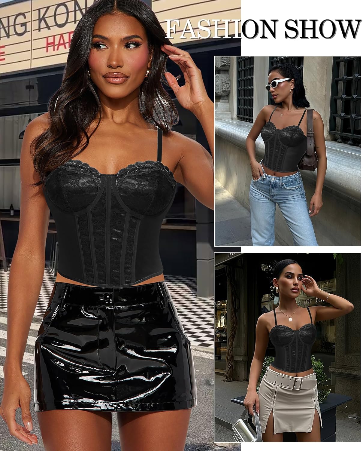 Corset Tops for Women Lace Going Out Bustier Top Adjustable Straps Satin Camisole Crop Top with Back Hooks - Image 5