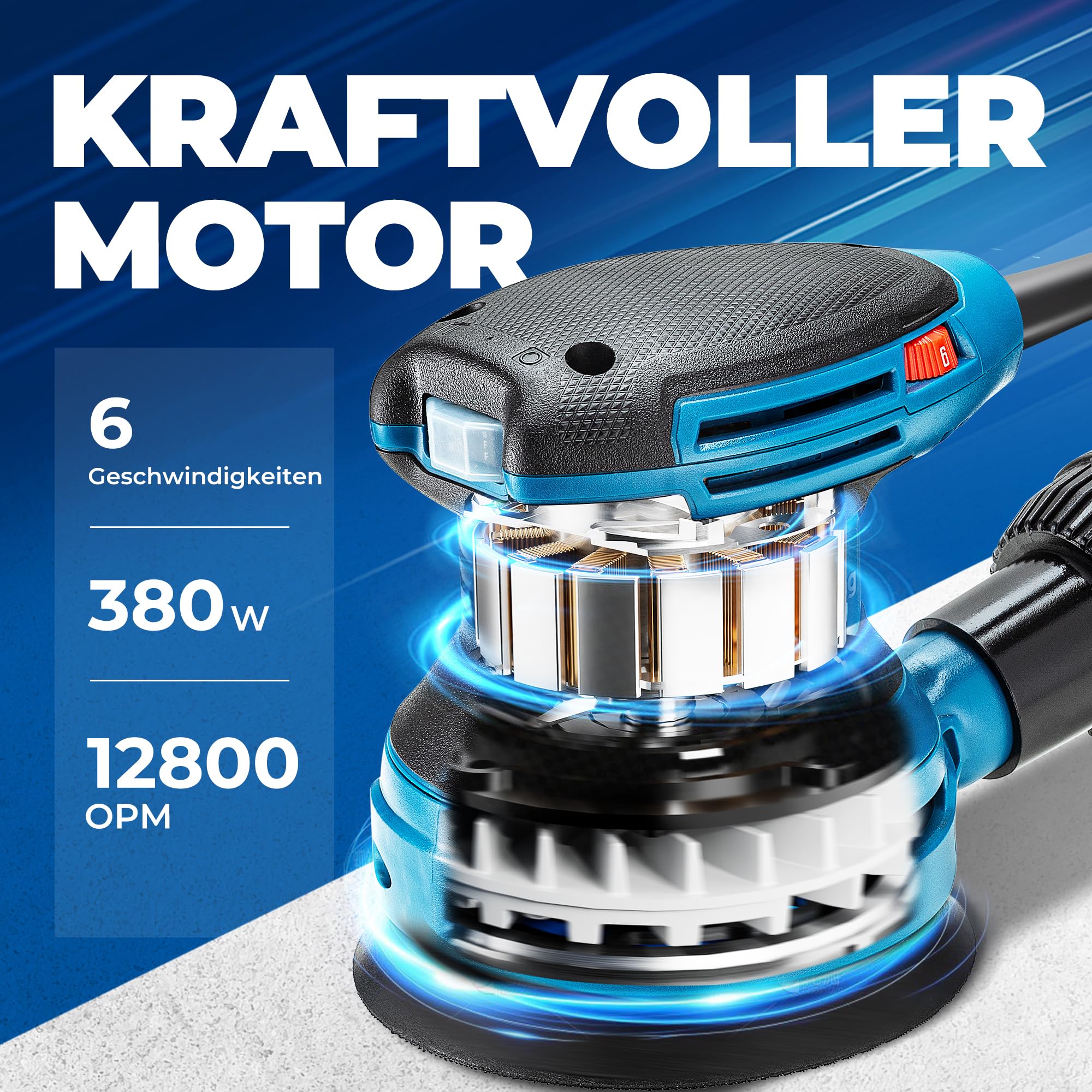 DongCheng Exzenterschleifer 380W, 125mm Schleifmaschine, 6-stufig 8.000-12.800 U/min, vibrationsarm, mit Staubfangbehälter & Staubsaugeranschluss, inkl. 20 Schleifblättern (versch. Körnungen) für Holz