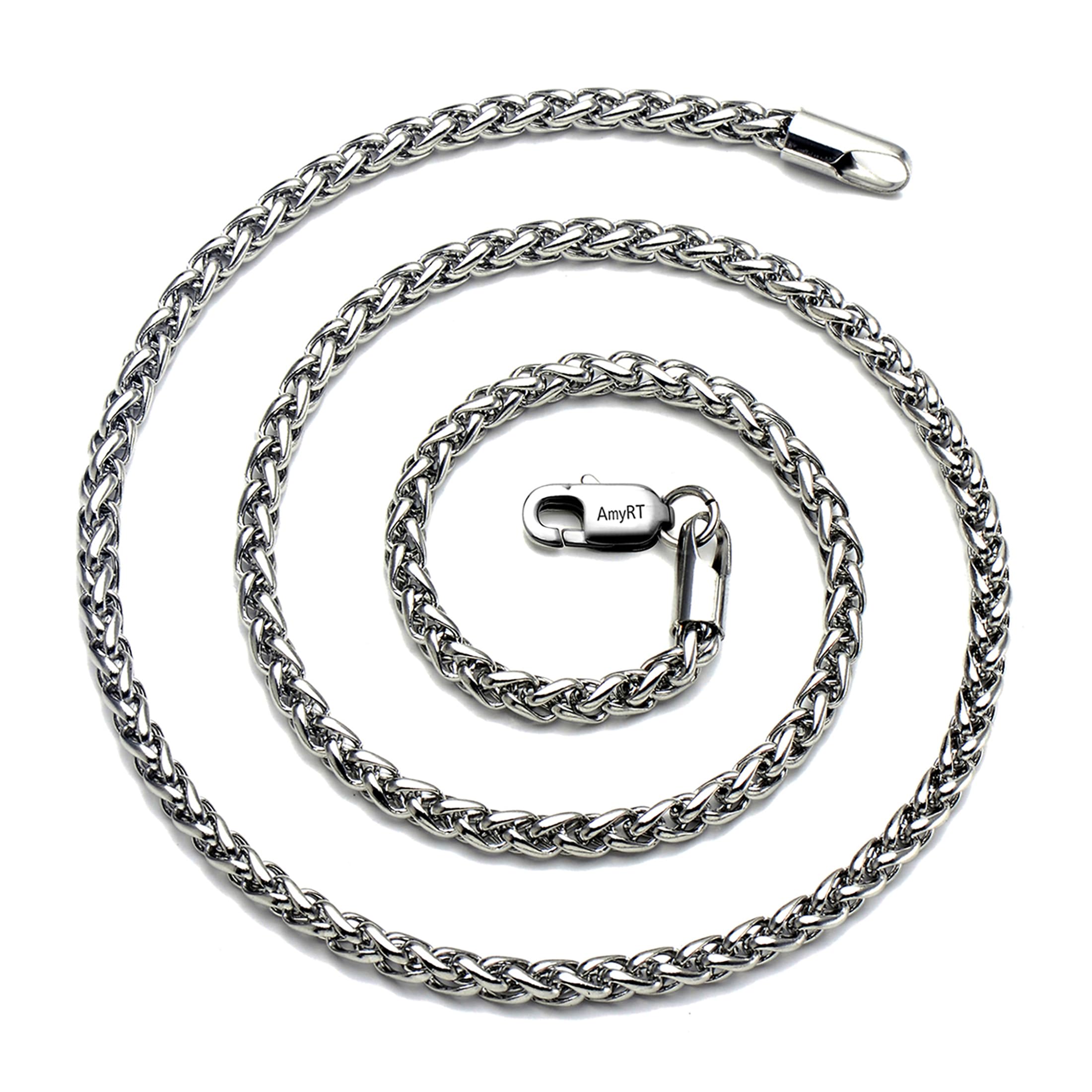 AmyRTJewelry 4mm Titanium Steel Wheat Silver Chain Necklaces for Men & Women 16 to 30 in
