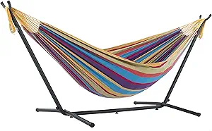 Vivere Double Cotton Hammock with Space Saving Steel Stand, Tropical (450 lb Capacity - Premium Carry Bag Included)