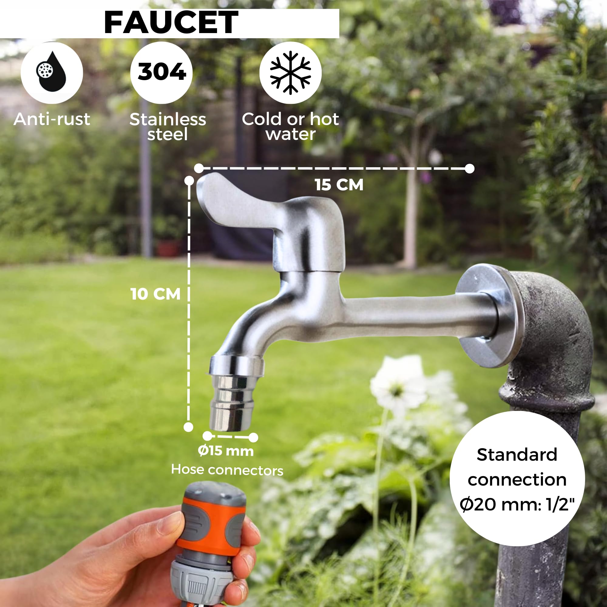Garden Sink Tap, Chrome Faucet, 304 Stainless Steel Sink Faucet, Exterior Sink Tap, Wall Mounting - Image 2