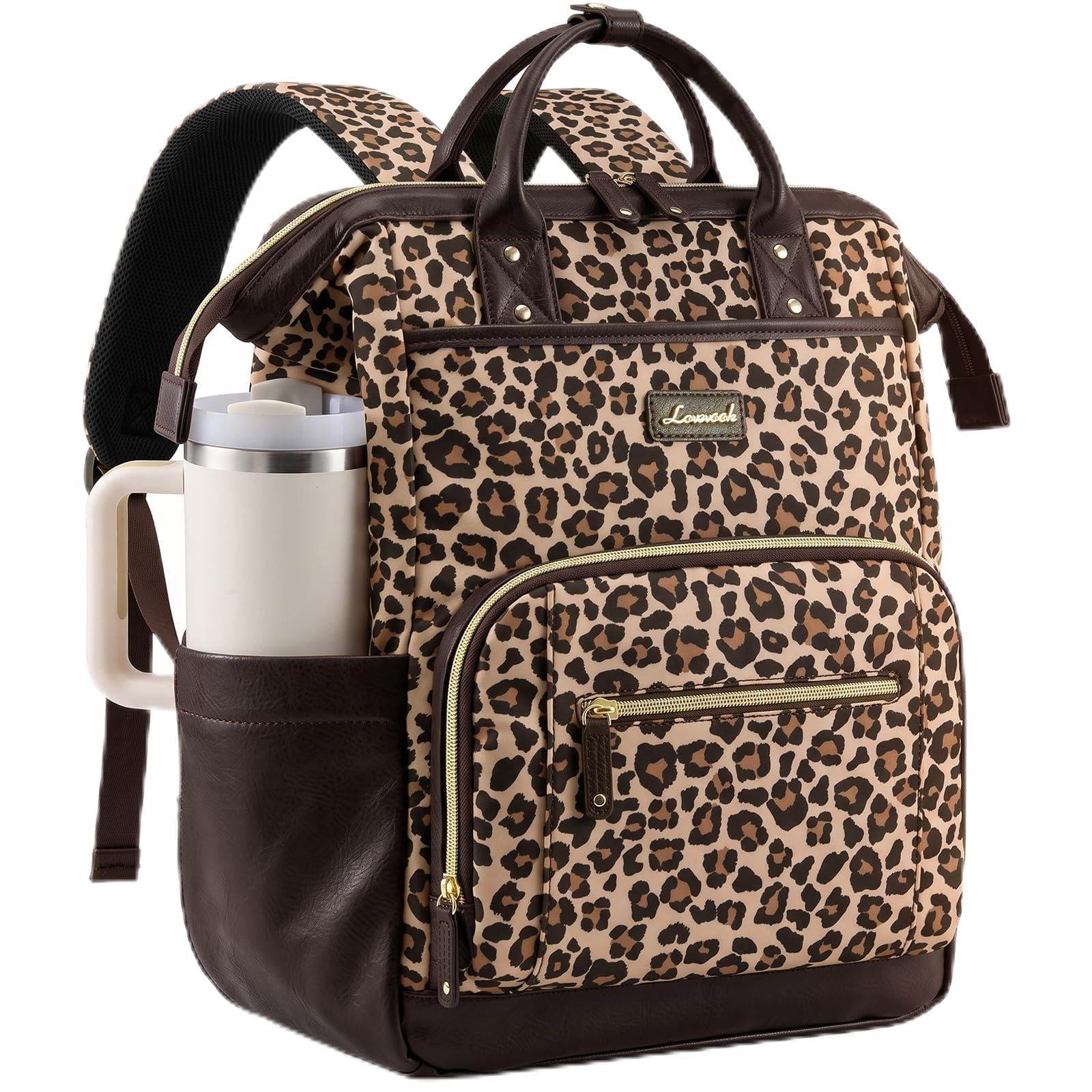 LOVEVOOK Laptop Backpack with Giant Tumbler Holder,17 inch Nurse Teacher Backpack Computer Laptop Bag,Stylish Travel Backpack Purse Work College Bag,Gifts for Women & Men,Leopard print-Dark coffee Leopard Print-dark Coffee 17 Inch