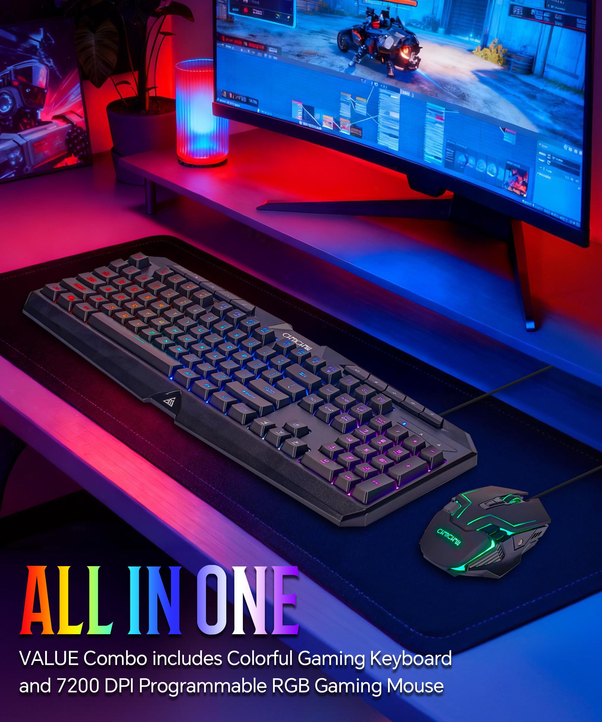 Tastiera da gioco cablata e mouse combinata con retroilluminazione a colori, 10 tasti dedicati, sensazione meccanica, silenziosa, anti-ghosting, tastiera del computer luminosa, mouse programmabili RGB