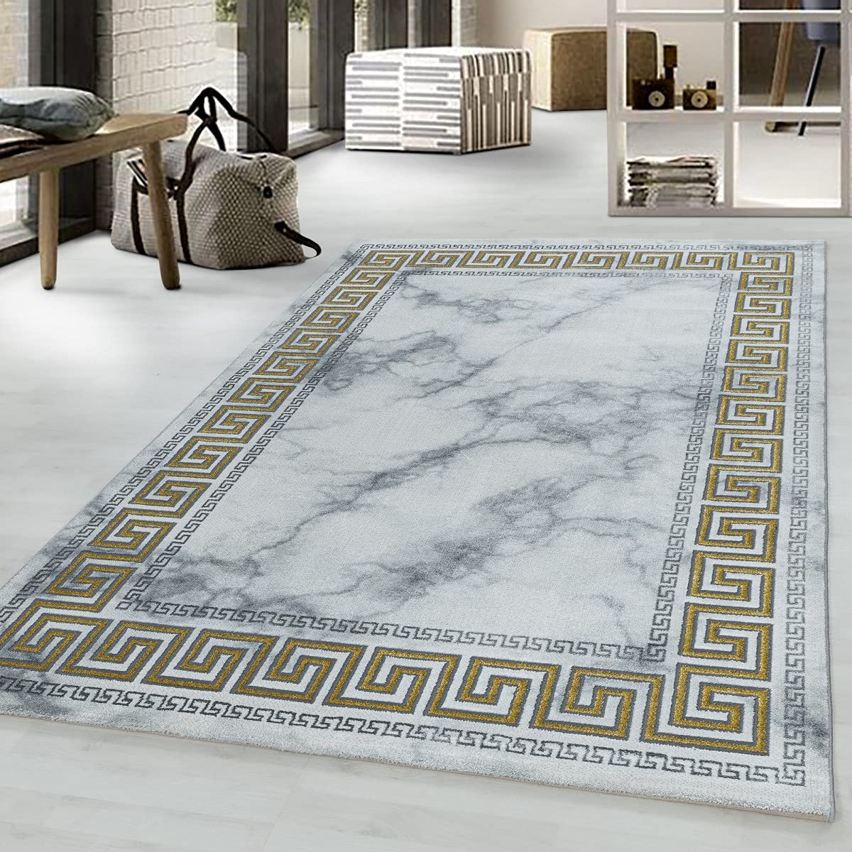 Tapis design marbre anti-poussière 120x170 bordure dorée lumineuse