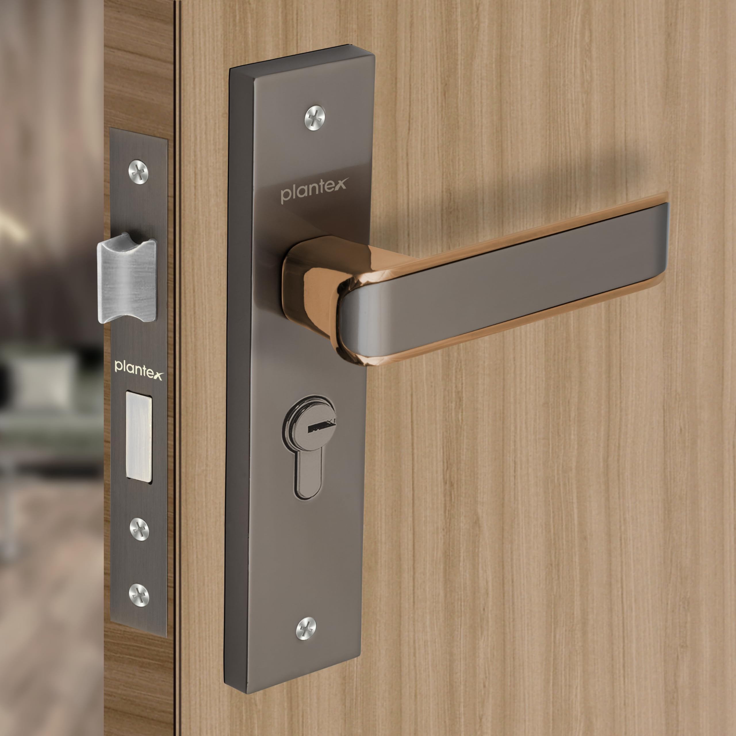 Plantex Heavy-Duty Door Lock Set - Main Door Lock Handle Set/ 6-Lever Lock Mechanism with 3 Years of Warranty/Mortise Lock with 3 Keys, Brass Lockbody & Cylinder (8112 - Satin Black & PVD Choco)