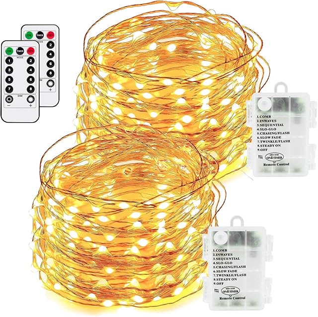 Led Fairy Lights 100 LEDs 8 Modes with Remote & Timmer Decorative Fairy Battery Powered String Lights, Copper Wire Light for Bedroom,Wedding(33ft/10m Warm White 2PACK)