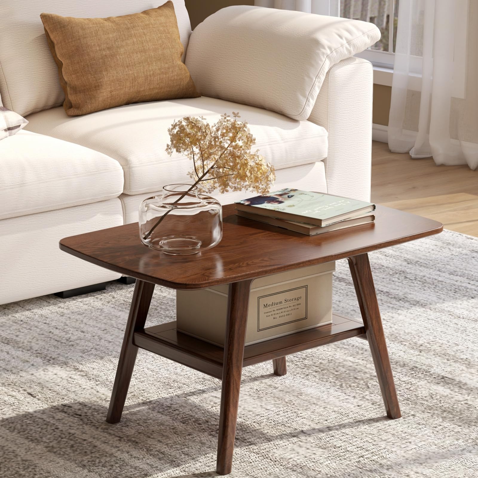 100 Solid Oak Wood Coffee Table for Living Room 2-Tier Small Table with Storage Shelf Mid Century Modern