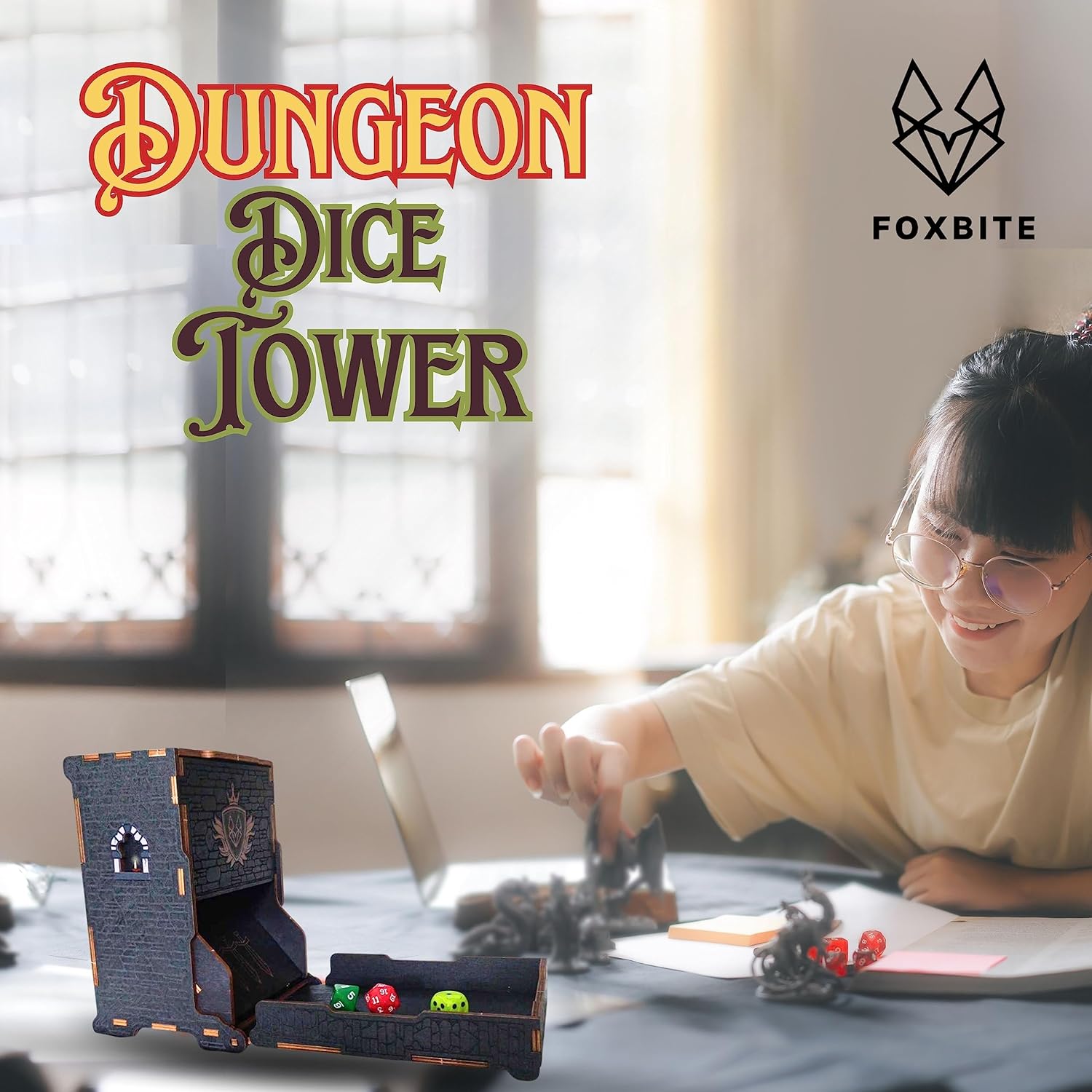 FOXBITE Dice Tower for Dungeons and Dragons Tower with Tray Wood Laser Etched DND Portable and Collapsible Dice Roller Perfect for Board Game and Tabletop RPG, Natural Wood Carved and Printed 5e