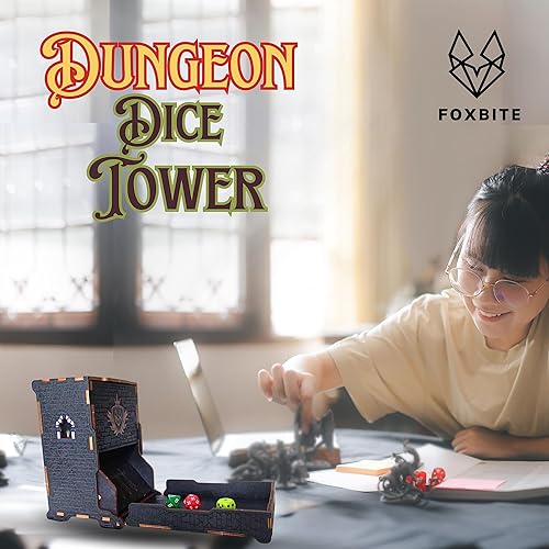 Miniatura 4 de FOXBITE Torre de dados para Dungeons and Dragons Tower con bandeja de madera grabada con láser DND portátil y plegable, rodillo de dados perfecto