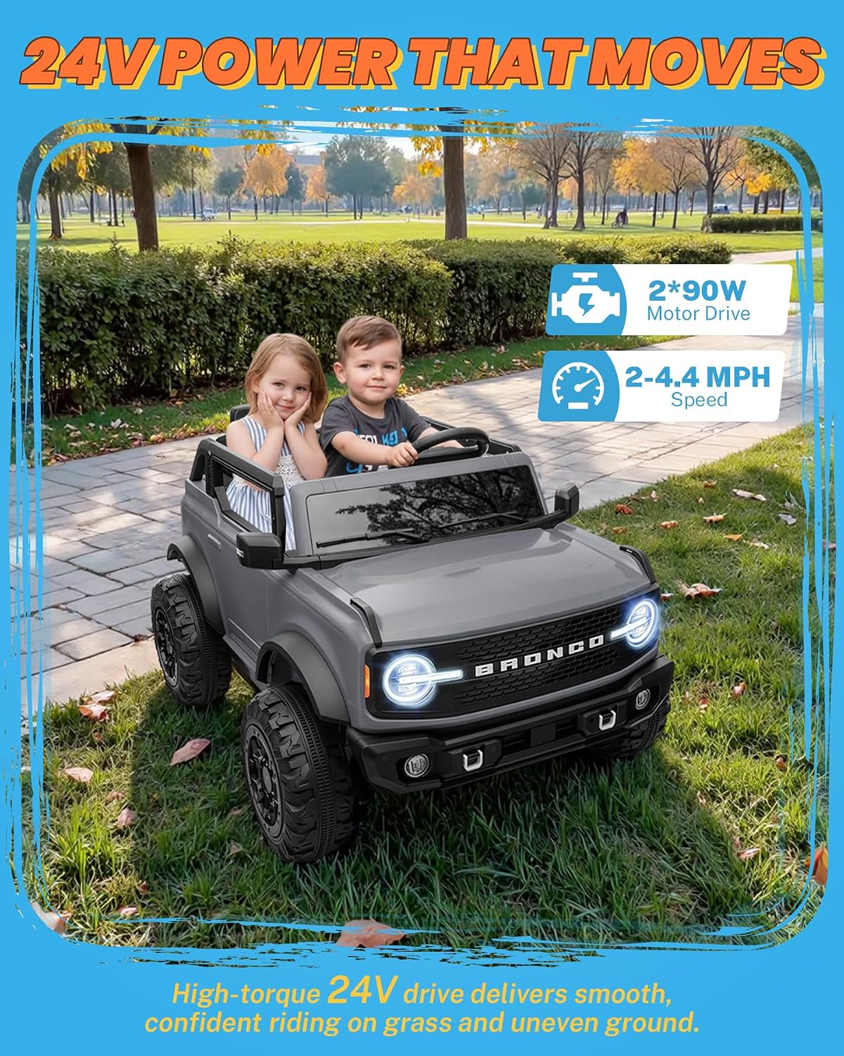 ENYOPRO 24V Licensed Ford Bronco Base Ride on Toys for Kids, 2 Seater Electric Vehicle with Remote Control, Seat Belts, Soft Start, LED Lights, Bluetooth, Radio, 4.4 MPH Max Speed (Gray)
