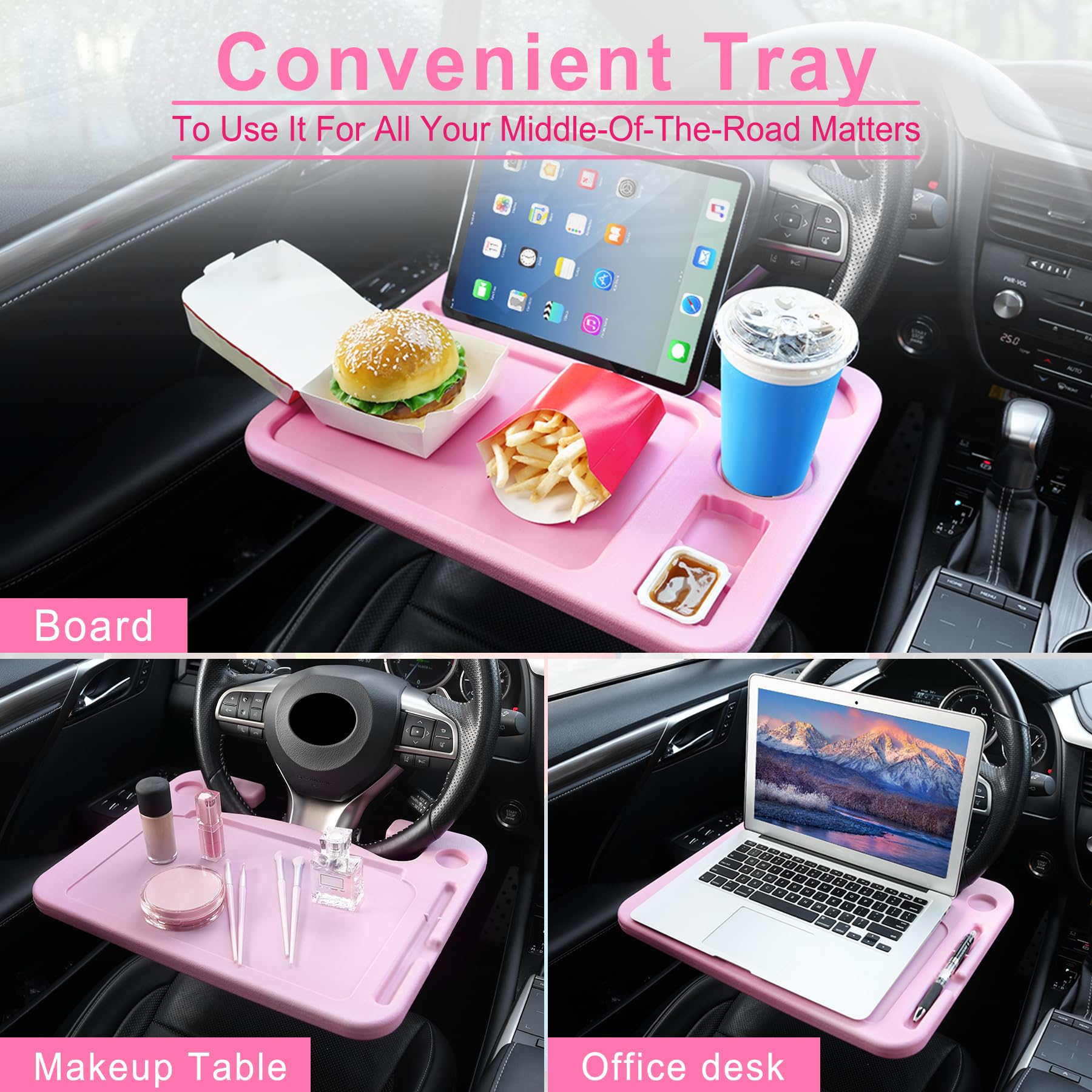 JUSTTOP 4 in 1 Car Steering Wheel Desk for Laptop,Versatile Upgraded Car Seat Tray,Spacious Steering Wheel Table with Tablet Holder and Dual Sauce Racks,Steering Wheel Under Table Console (Large+Pink) view 5