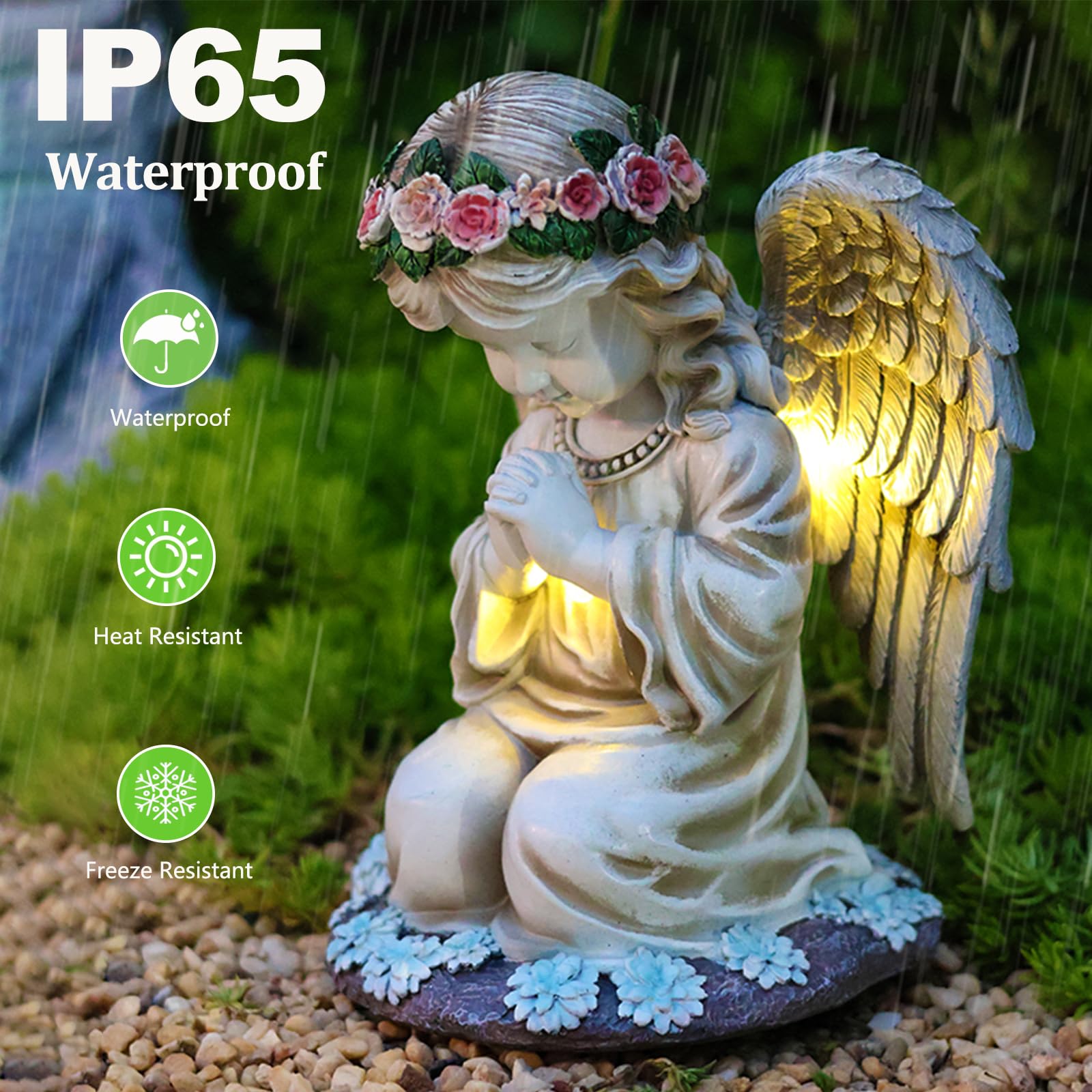 VEEKI Statue d'ange solaire d'extérieur en résine imperméable pour extérieur, jardin, cour, patio, tombe, cimetière, cadeau commémoratif