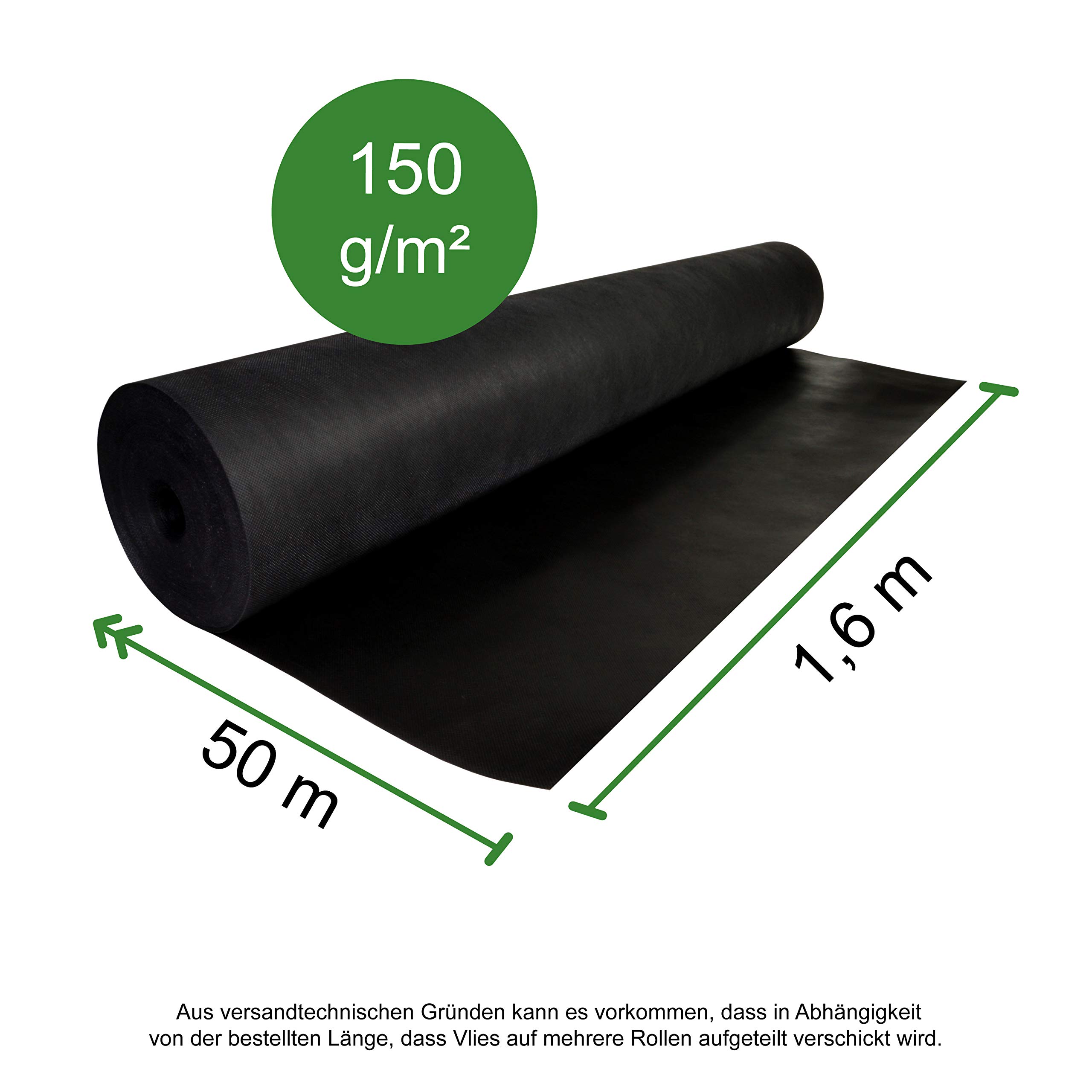 Premium Gartenvlies Unkrautvlies 150g/m2-1,6m Breite x 50m Länge = 80m², umweltfreundliche Unkrautfolie wasserdurchlässig stark gegen Unkraut, Vlies Garten, Pflanzenvlies, Beetvlies