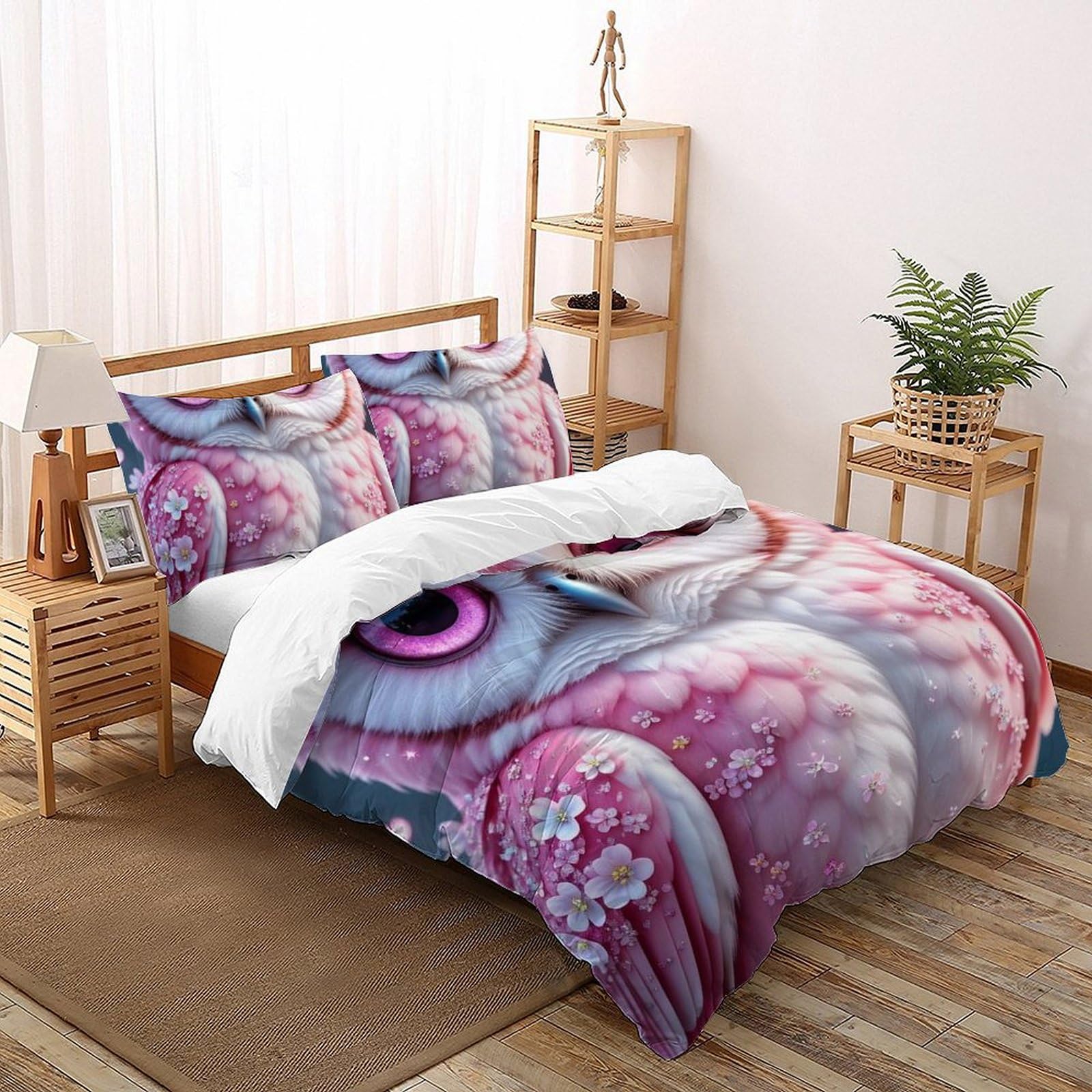 Housse de couette 200x200 hibou animaux volants imprimé 3D avec taie d'oreiller en microfibre