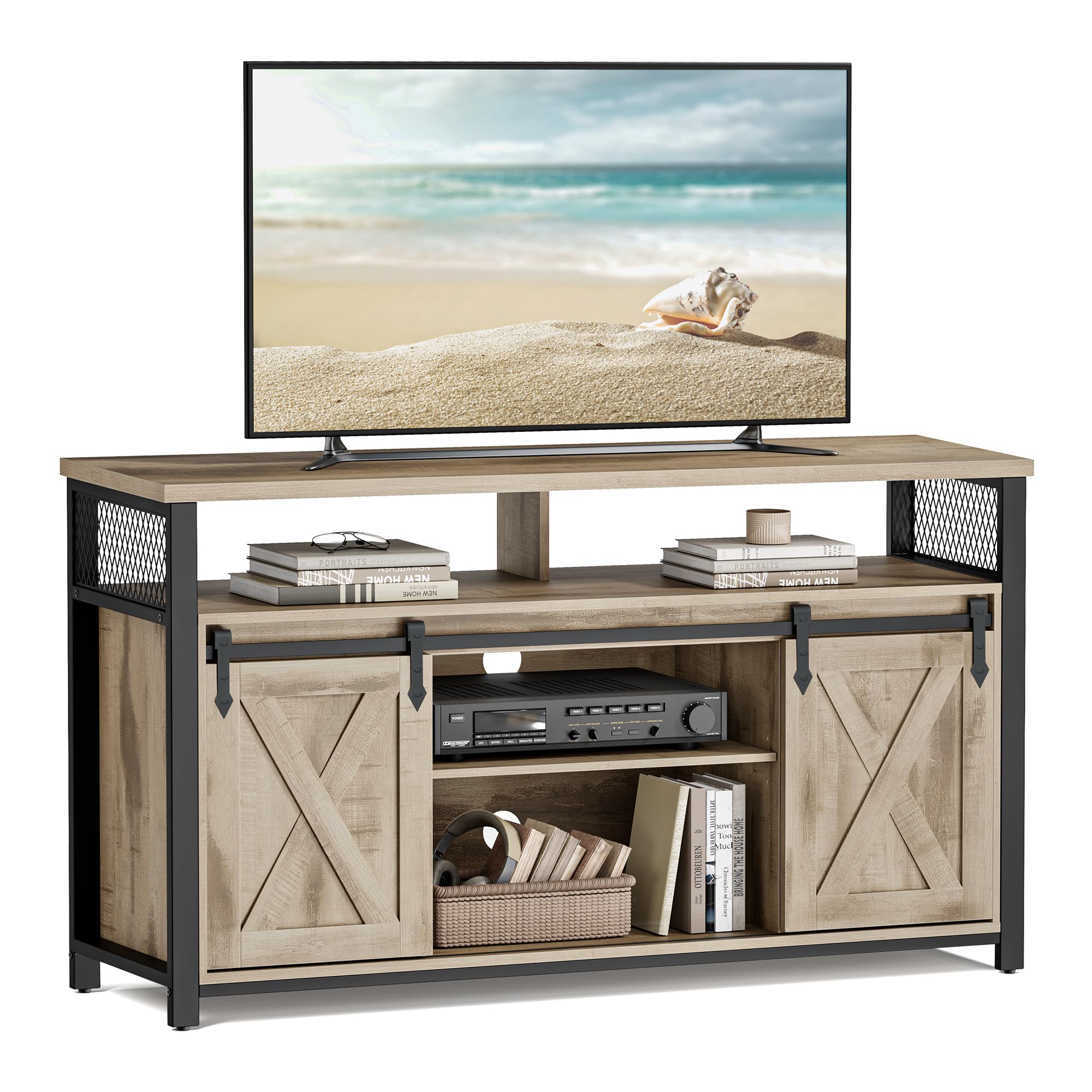 VASAGLE szafka RTV, drzwi przesuwne, styl industrialny, 135 cm | Stolik pod telewizor, 135 x 40 x 76 cm, otwory na kable, do salonu, camelowy i matowa czerń, Kolekcja DAXTON LTV46B50