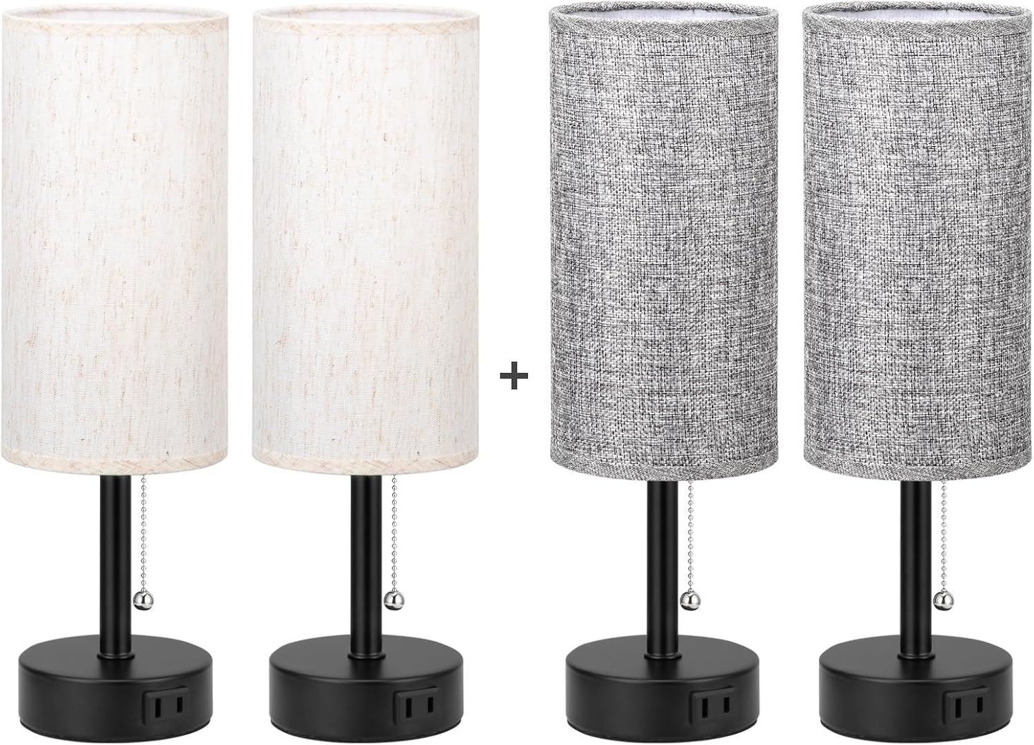 Fenmzee Cream + Grey Bedside Table Lamps Set of 2-3 Color Temperatures Pull Chain Lamp with AC Outlet Charging Port, Two Round Night Stand Lamps for Bedroom Office, Small Bed Side Light