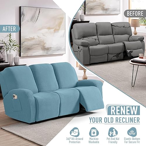 Miniatura 4 de TAOCOCO - Fundas protectoras para sofá reclinable grande de 3 asientos, 8 piezas, elásticas, con patrón de jacquard suave, color azul polvoriento