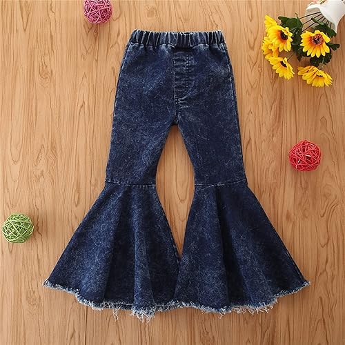 Toddler Baby Girl Flare Jeans Denim Pants Outfits, Elastic Waist Tie Dye Ruffle Raw Hem Bell Bottom Pants Fall Clothes(1-blue,1-2T)