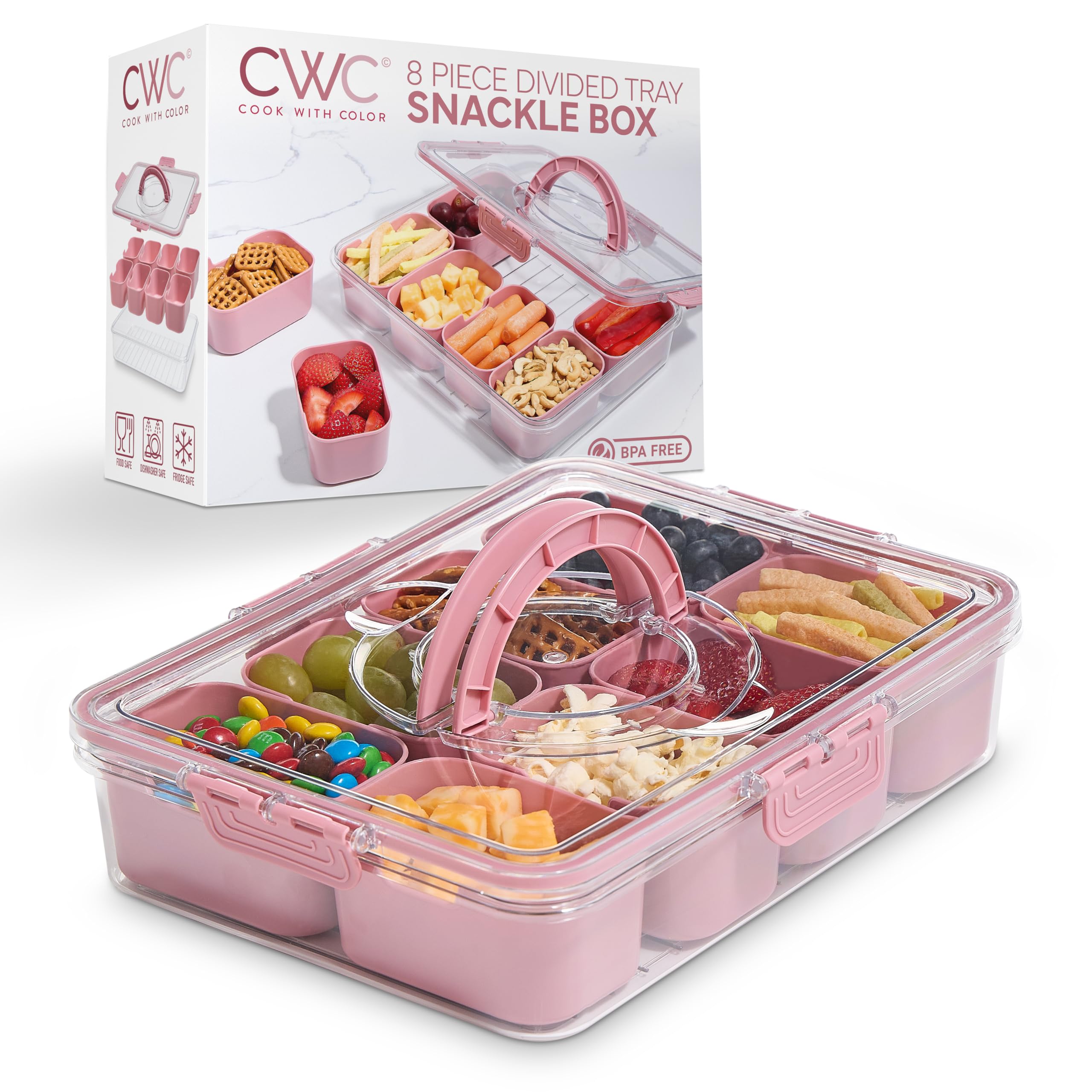 COOK WITH COLOR Snackle Box Container - 8 Compartment Divided Serving Tray with Lid, Portable Snack Tray with Handle and Serving Platter Perfect for