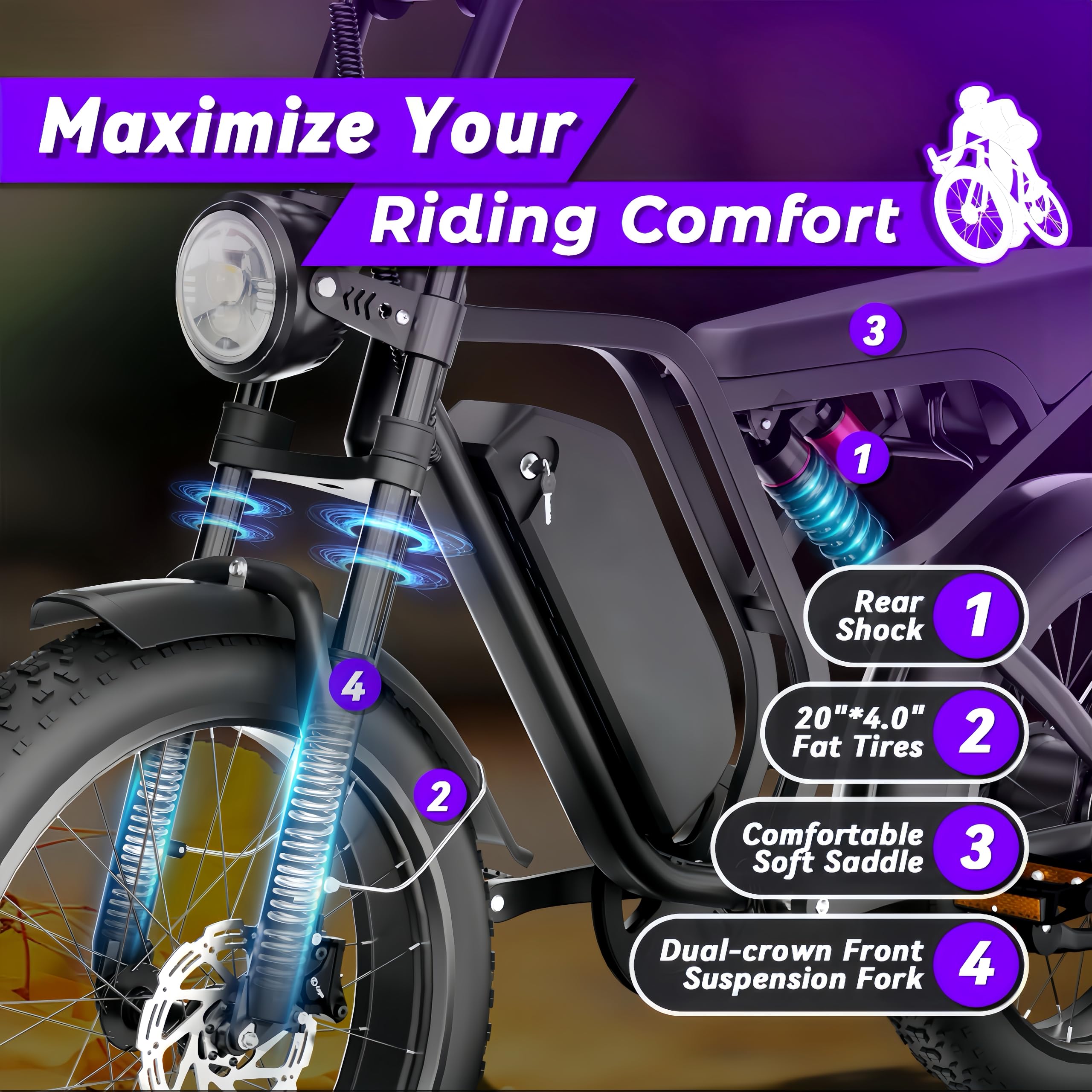 DEEPOWER Bicicletta Elettrica Per Adulti, 48V/52V 20Ah Batteria Rimovibile, Autonomia Lunga 60-110KM, Ebike Con Pneumatici Fat 20" Per Tutti I Terreni, 7 Marce, Sospensione Idraulica