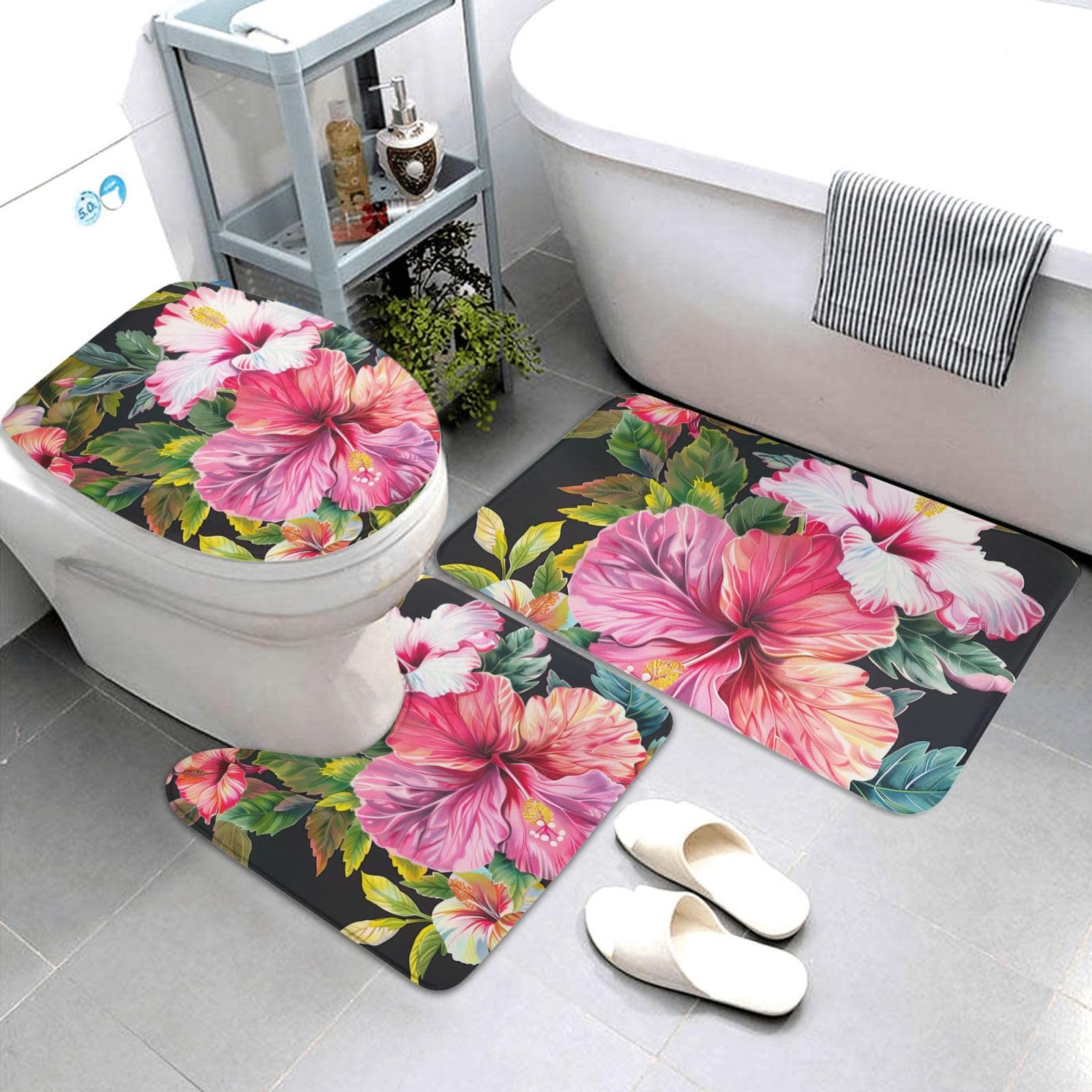 Lot de 3 tapis de bain antidérapants et absorbants en flanelle avec motif imprimé fleurs d'hibiscus, tapis de bain, tapis contour et housse pour abattant WC