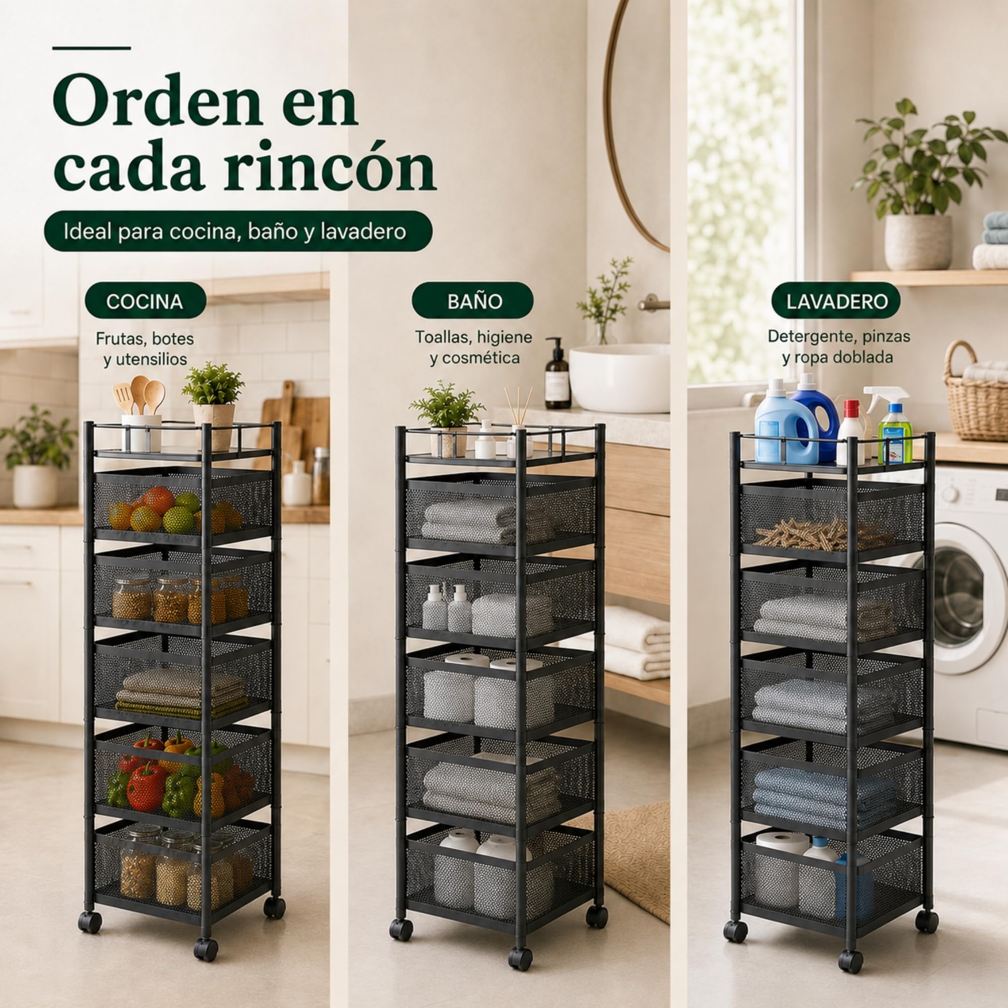 UZIRO Carrito Auxiliar con Ruedas, Verdulero Cocina 90 x 27 x 27 cm con 5 Cestas Giratorias, Ruedas 360° con Bloqueo, Capacidad de Carga de 75 kg, Carrito Organizador, Frutero con Ruedas