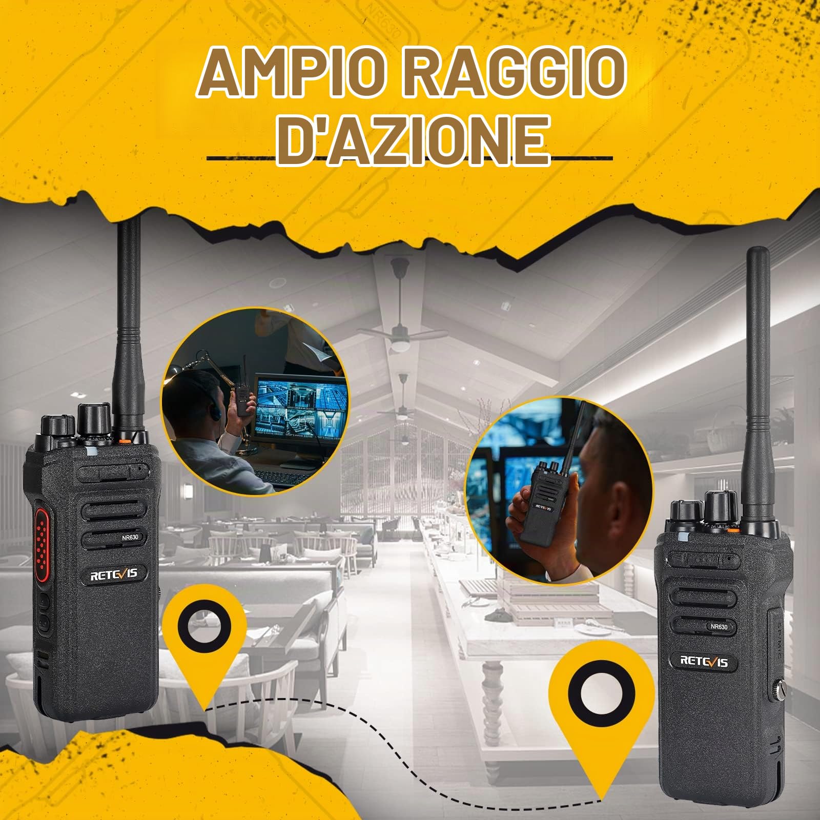 Retevis NR630 Walkie Talkie Professionali, Ricetrasmittenti a Lungo Raggio,Chip di riduzione del rumore, IP67 Impermeabile, 2800 mAh, Radio con Auricolare per Bar, Ristorante (2 Pezzi, Nero)