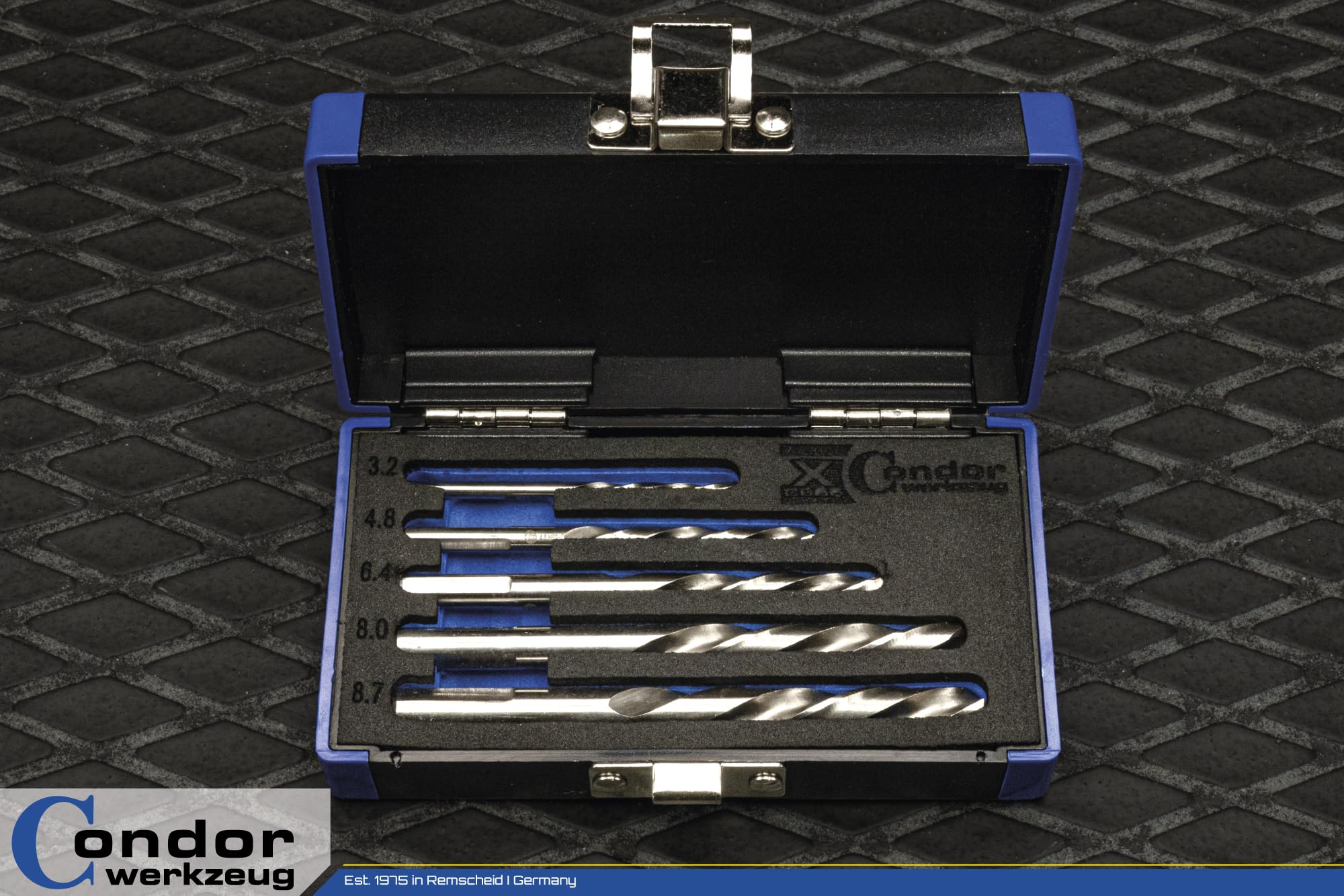 Condor Outil 39615 | Jeu de forets hélicoïdaux | Coupe à gauche | 5 pièces | HSS-E Cobalt 5 % | Ø 3,2-8,7 | Affûtage en croix | Angle d'affûtage | Convient pour V4A, acier, fonte grise | xcess