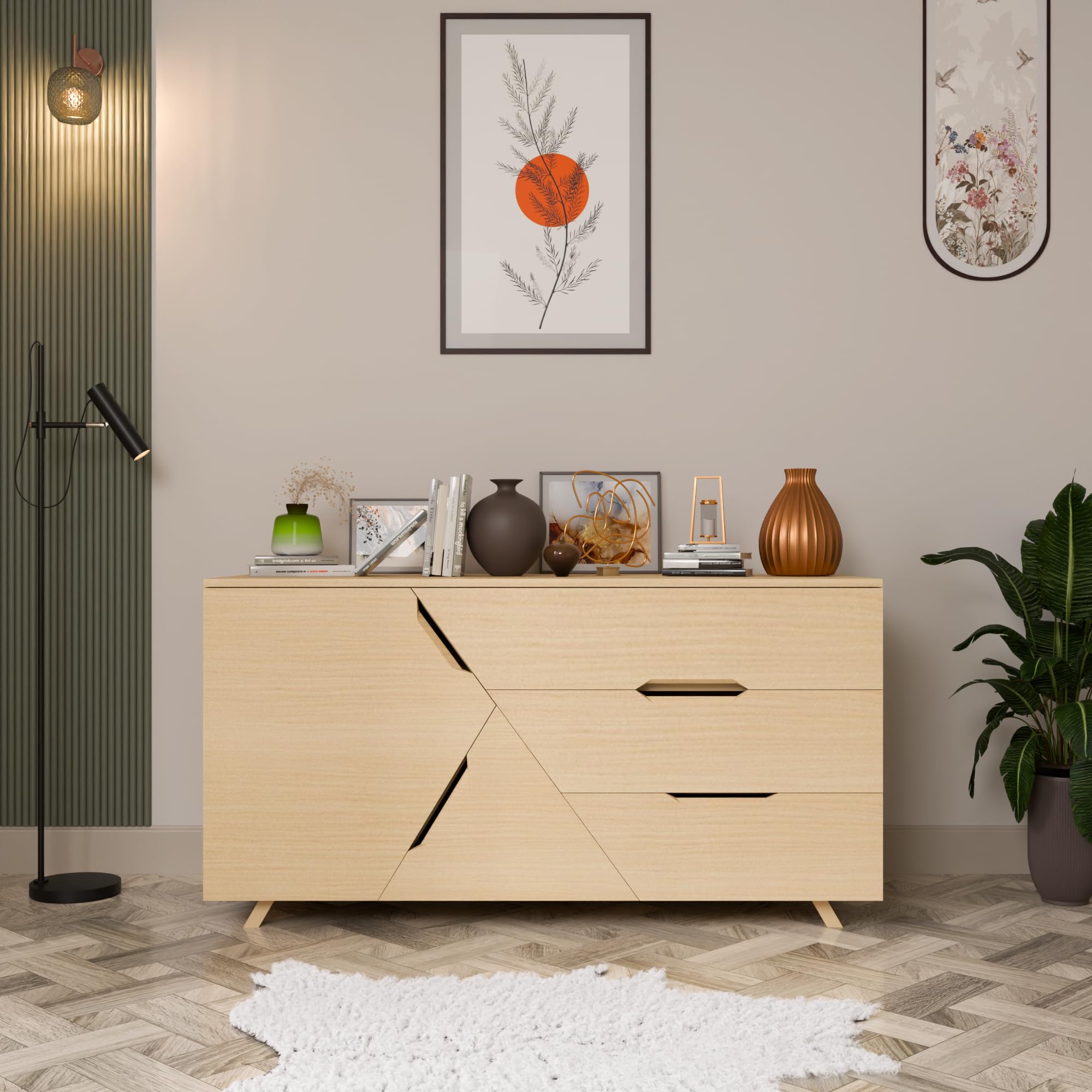 ARKANE Wooden Sideboard Cabinet for Living Room |5 Shutter Modern Storage Cabinet with Drawers & Shelves | Multipurpose Groove Handle Scandinavian Style Cabinet 150 cm (Natural Oak)-image-5