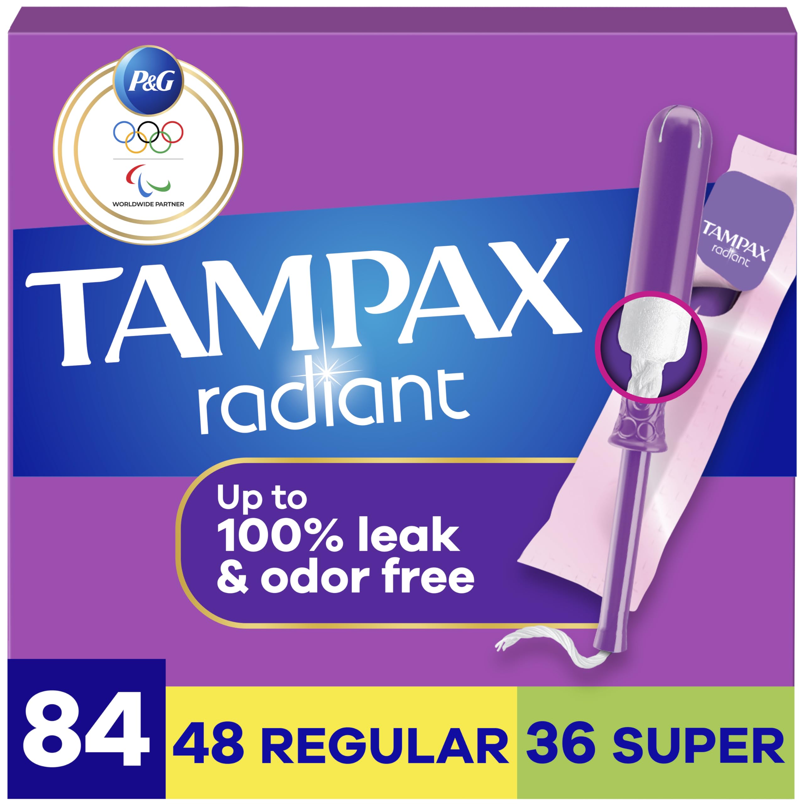 Radiant Tampons for Women Multipack, with LeakGuard Braid, Regular/Super Absorbency, Unscented, 84 Count (3 Packs of 28)