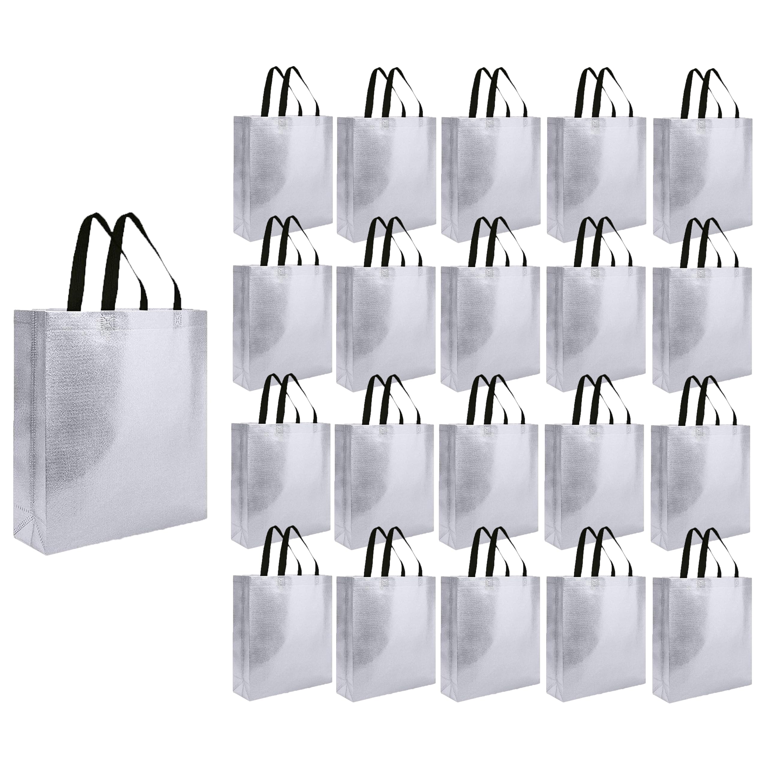 Evafly Gift Bag Medium Size Pack of 20 : L13 x W12 x D4 inch|Resuable Non-Woven Shiny Metallic Laminated|Return Gift For Haldi/Wedding Favours/Baby Shower/Birthday - Silver
