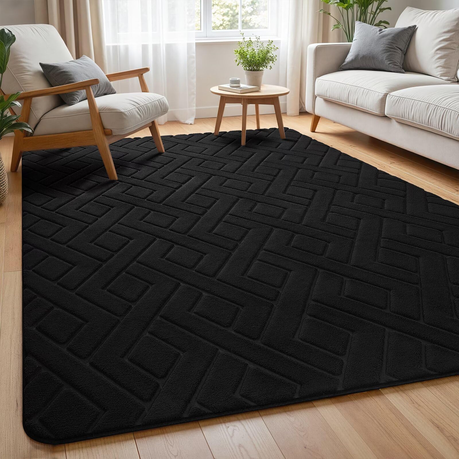 Macgace Ultra Soft Black Area Rug for Living Room, 5x7 Modern Geometric Shag Rugs with Nonslip Backing for Bedroom, Washable Fuzzy Carpet for Cozy