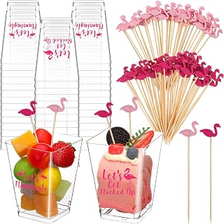 50 Set Christmas Flamingo Party Supplies with 5 oz Charcuterie Cups and 100 Bamboo Cocktail Toothpicks Flamingo Party Decorations for Christmas Hawaii Luau Fiesta Wedding Birthday Favors