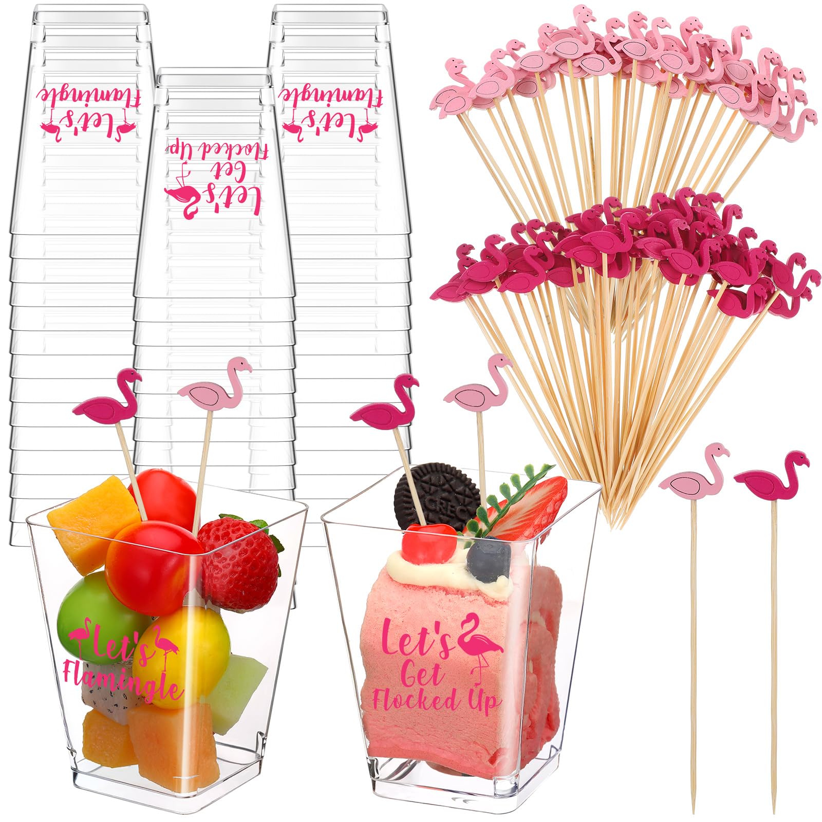 50 Set Flamingo Party Supplies with 5 oz Charcuterie Cups and 100 Bamboo Cocktail Toothpicks flamingo party decorations for summer Hawaii Beach wedding Graduation birthday favors