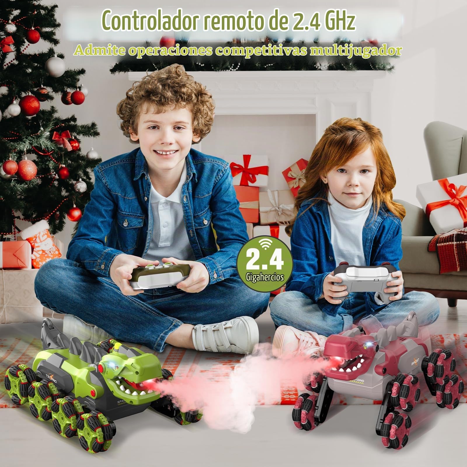 Kssvzz Coche Teledirigido Dinosaurio - 8WD 2.4Ghz RC Coche para 4 5 6 7 8 años de Edad los niños, 360 ° de rotación/Spray/Luz/Rugido, Cumpleaños (Verde)