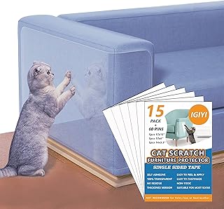 Anti Cat Scratch Furniture Protector, IGIYI 15 Pack Large Thickened Single Side Couch Protector Anti Scratching Sticky, 100% Transparent Self-Adhesive Deterrent Tape for Door Wall with 60 Twist Pins