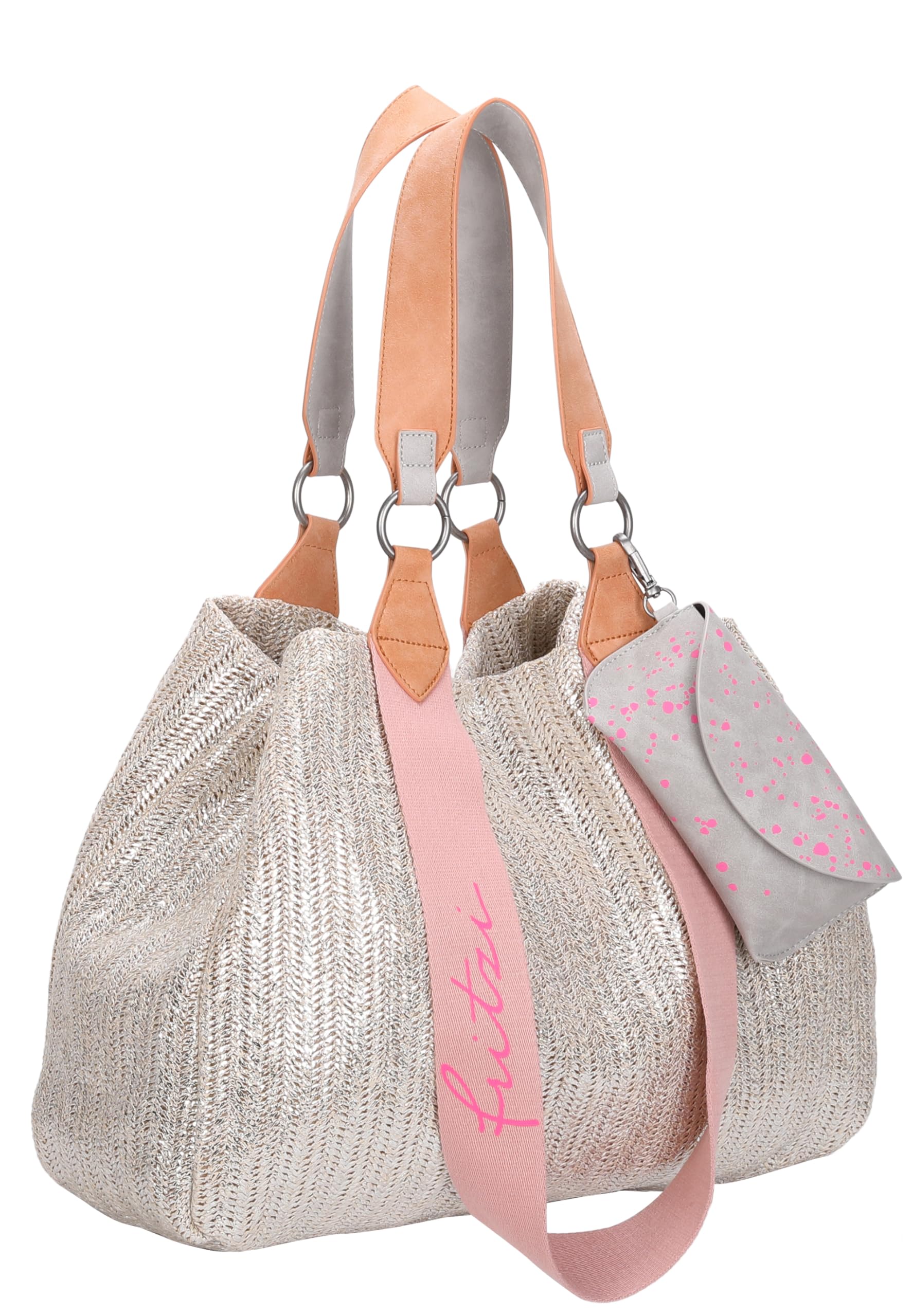 Fritzi Izzy Medium Limited Painted Straw Shopper Strohtasche Damen Sommer Festival Brillenetui-Anhänger Raffia-Optik 29 x 42 x 15 cm - Silver Jade, Nut, Nature, Black