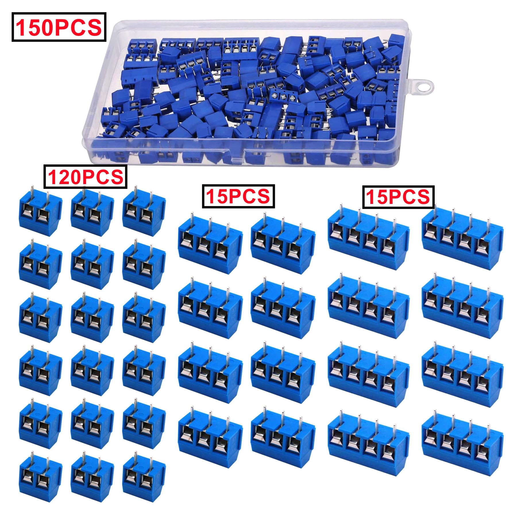 HUAZIZ 150 sztuk niebieskich 2/3/4 Pin PCB Mount Screw, 5 mm Terminal Block, zacisk śrubowy złącze wtykowe + 1 szt. żółty śrubokręt do Arduino