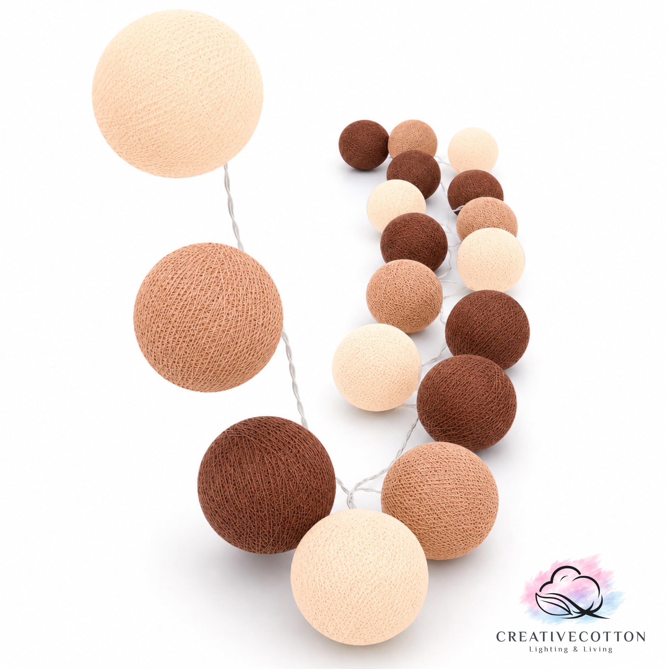 CREATIVECOTTON Guirlande Lumineuse, Boules de Coton avec Mode Timer et Mode Veilleuse (Cappuccino, 20 boules)