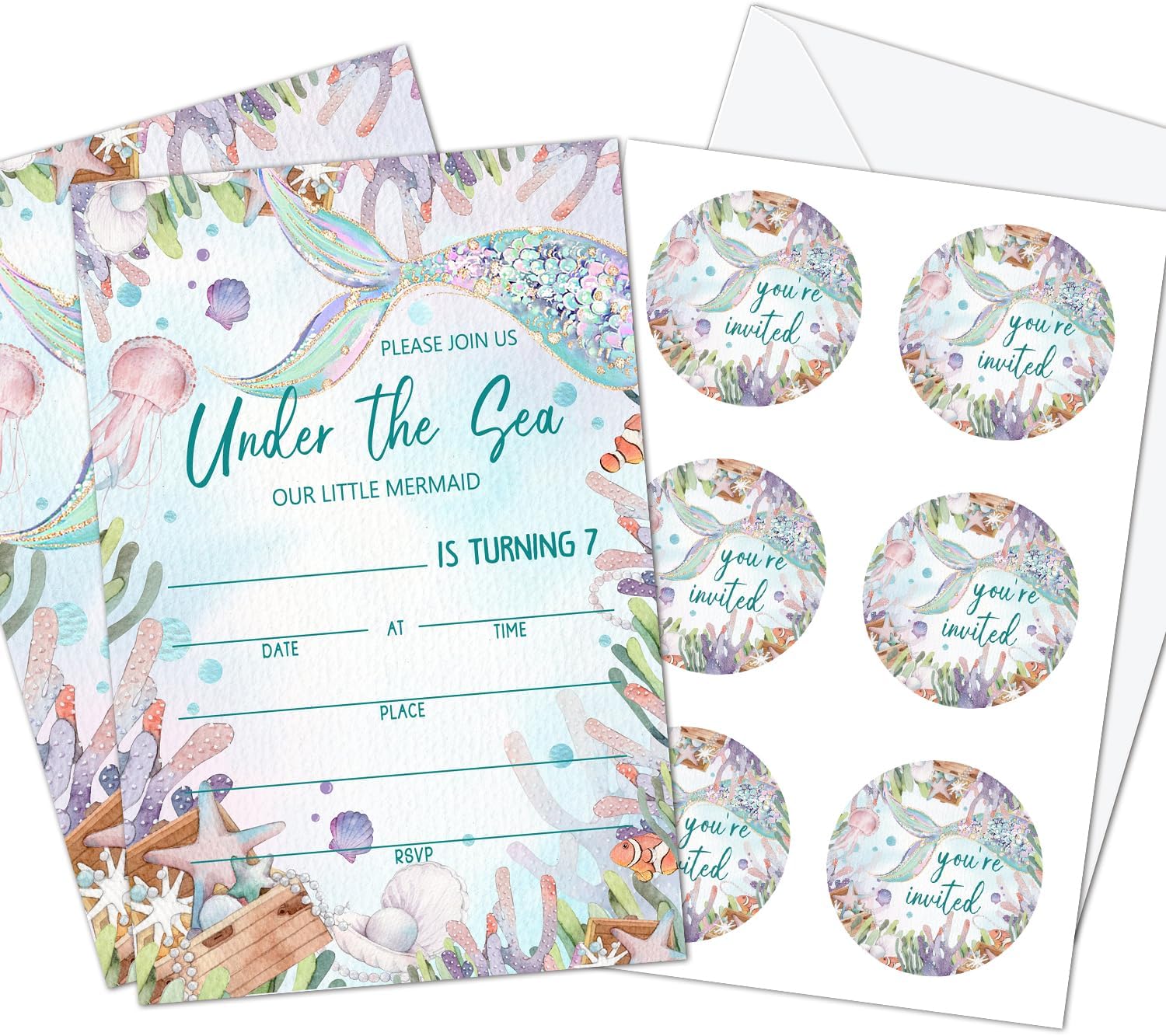 Set of 20 Golden Glitter Scales Mermaid Birthday Invitation, Party Invitations for 5th Grils & Kids with Envelopes and Pieces Stickers, Supplies for Sea Ocean Theme Birthday Partys Decorations -06