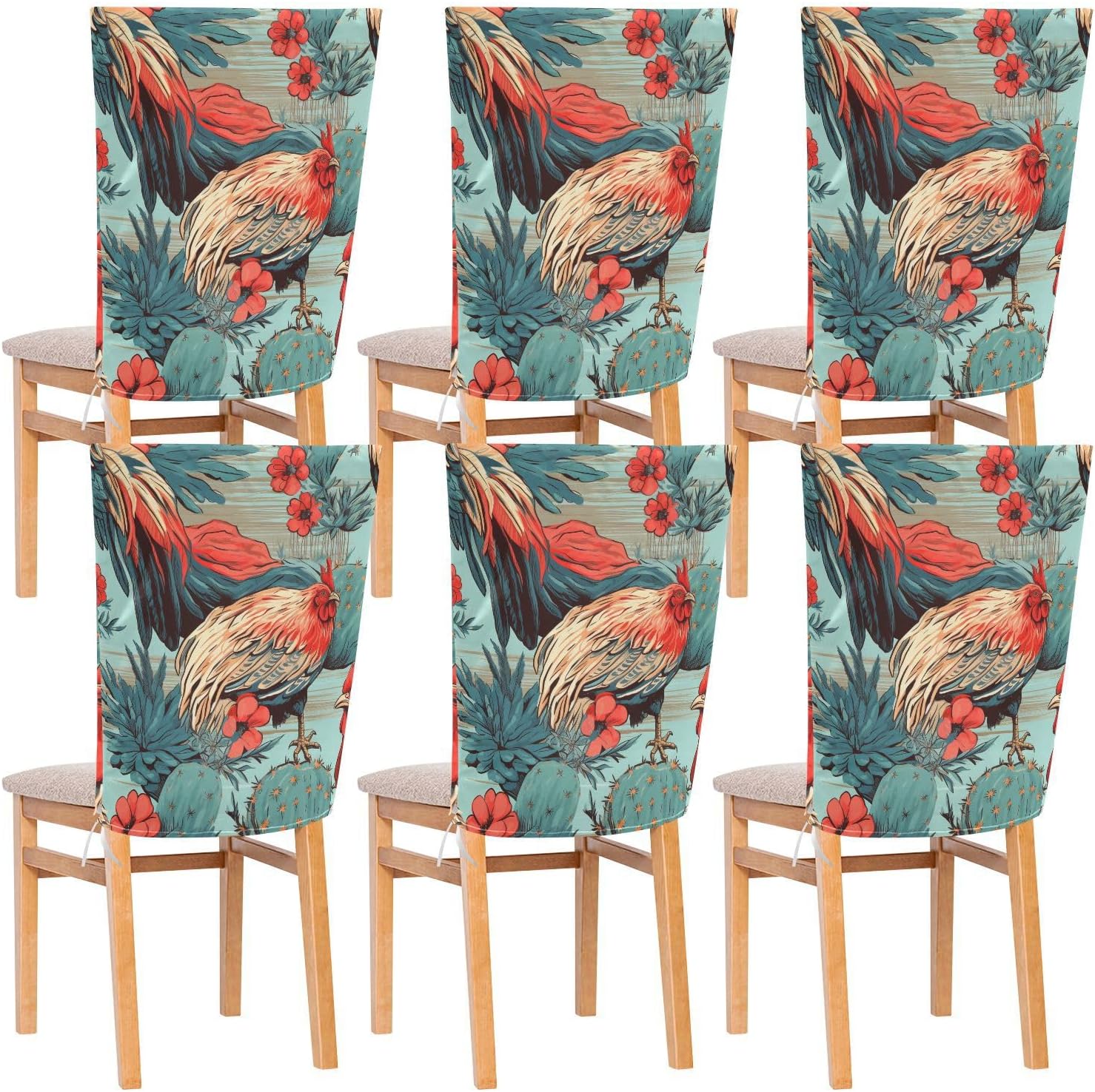 ALAZA Cactuses Rooster Chair Back Cover Set of 6, Washable Reusable Removable Chair Slipcovers Decorative Chair Cover for Home Kitchen Wedding Party