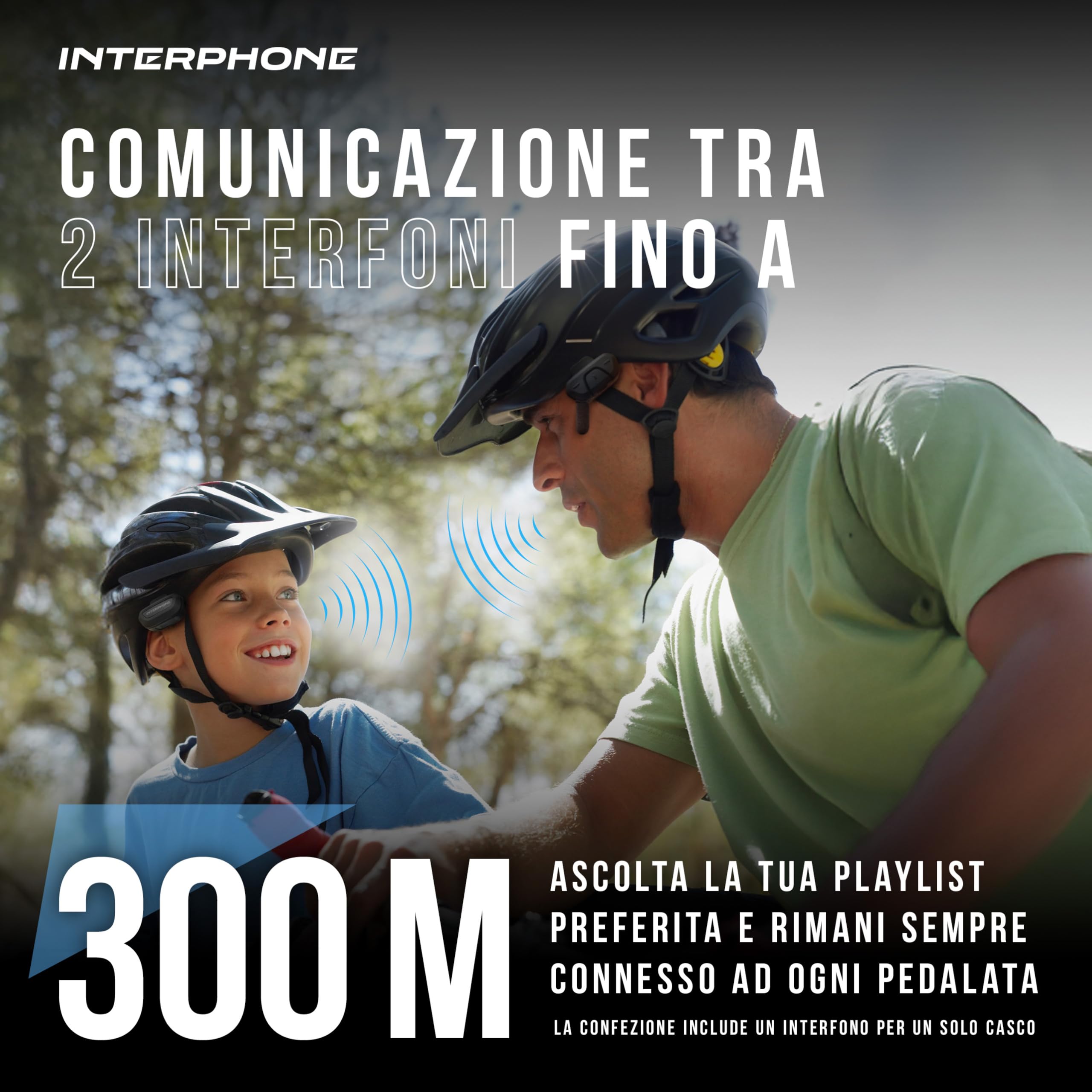INTERPHONE AERIAL Singolo per una persona, Interfono bici per la comunicazione fra 2 ciclisti fino a 300mt, Interfono casco bicicletta con Bluetooth per GPS, Impermeabile e con filtro anti-vento