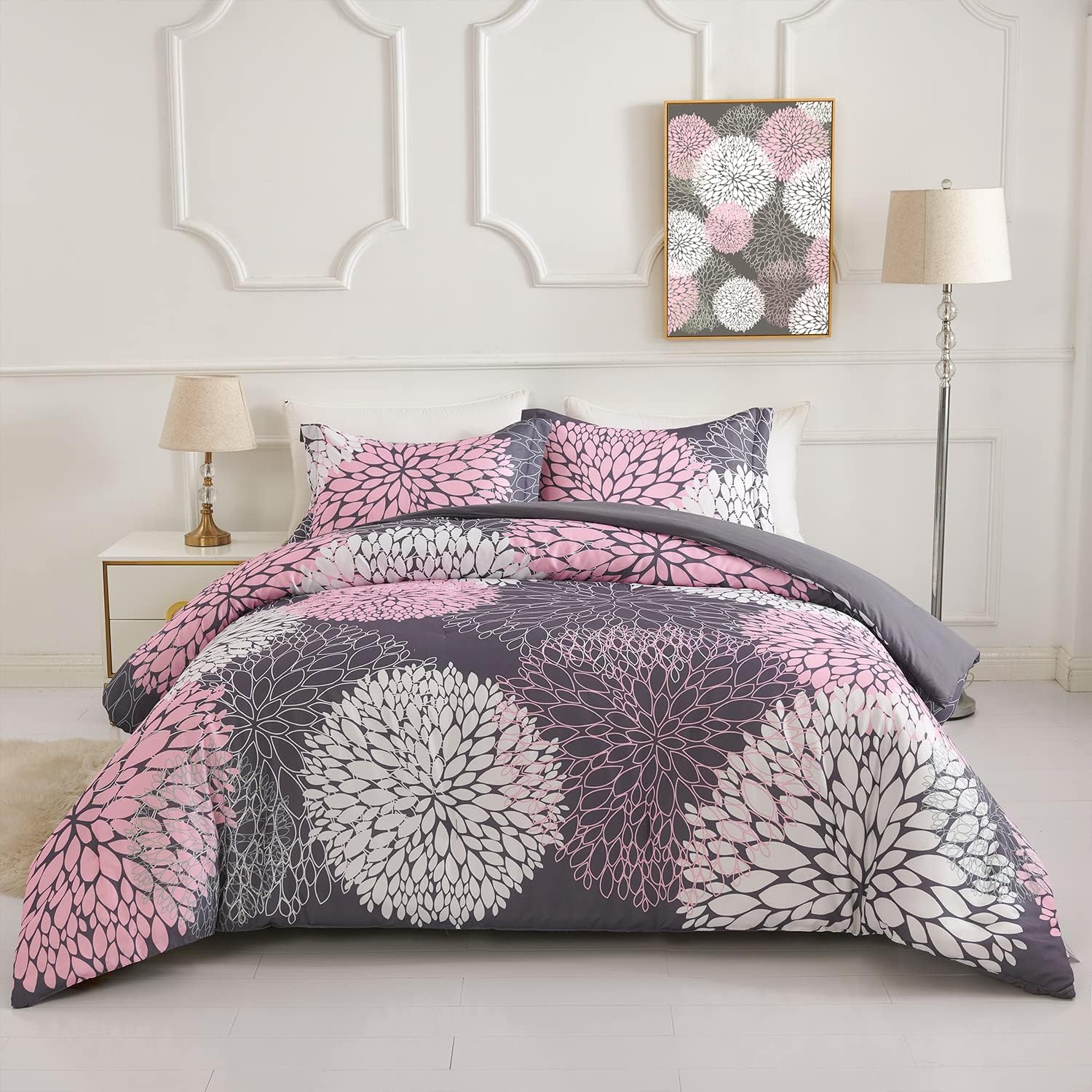 Koniroom 3PCS Pink and Grey Comforter Set King Size, Floral