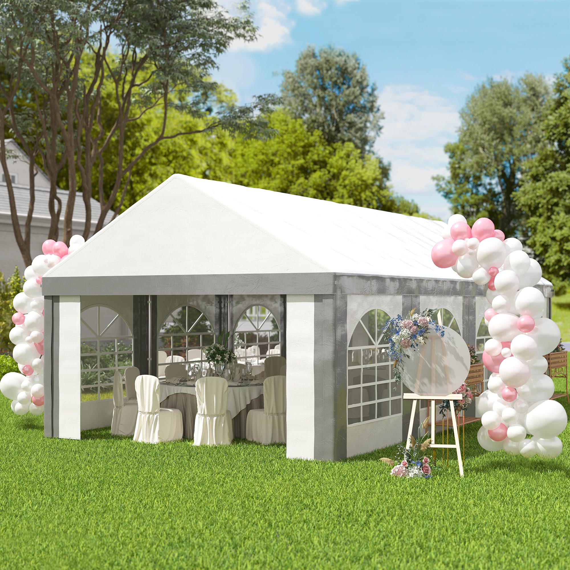 Outsunny Carpa para Fiesta 4x8 m Carpa de Jardín Anti-UV Gris y Blanco | Paredes Laterales Extraíbles, Puertas y Ventanas, Impermeable, Cenador Gazabo, Boda Camping Eventos Exterior