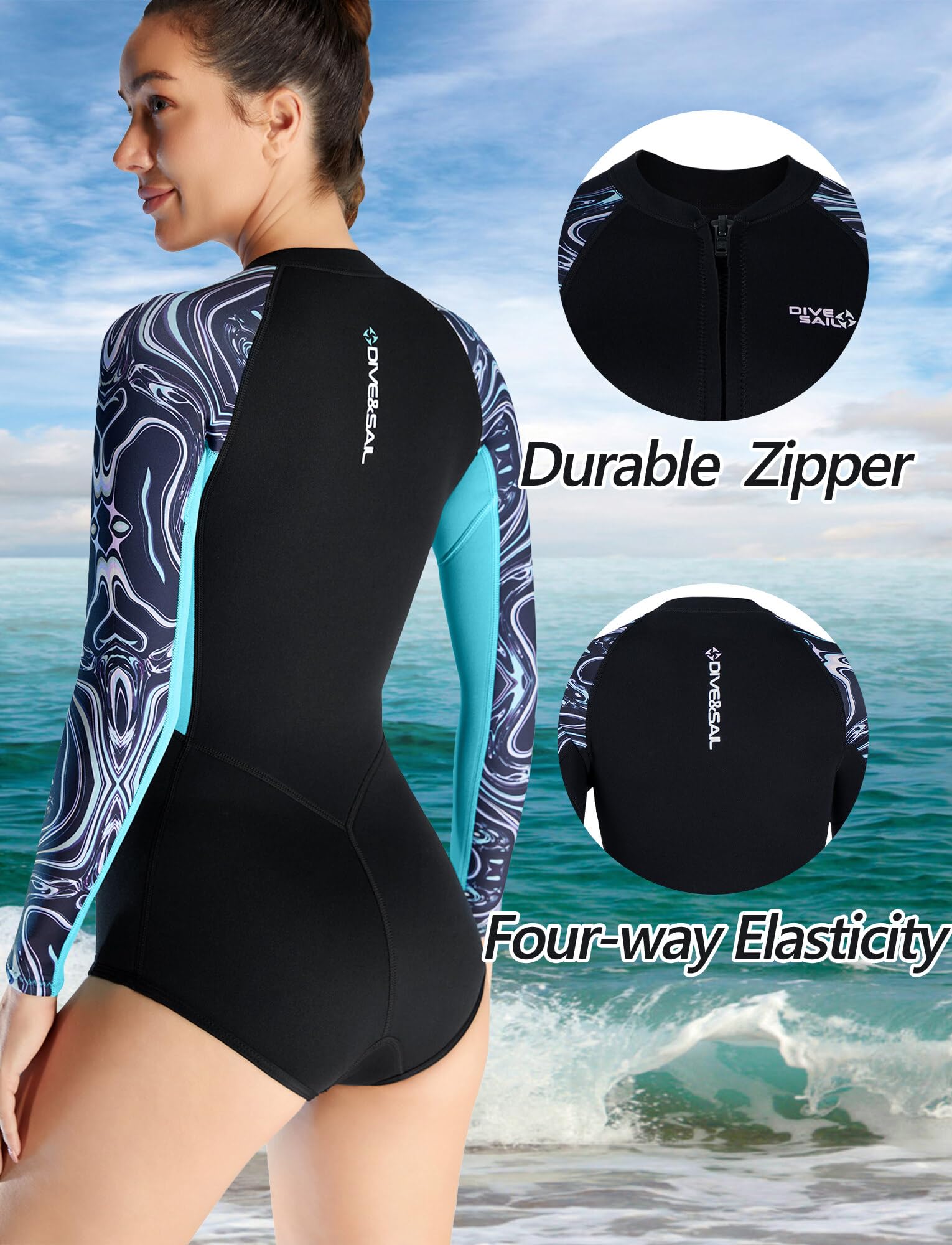 Maeau - Damen Rashguard Einteiler Badeanzug Langarm Neopren 2mm Surfen Reißverschluss für Tauchen Schnorcheln Wassersport XS-XXL