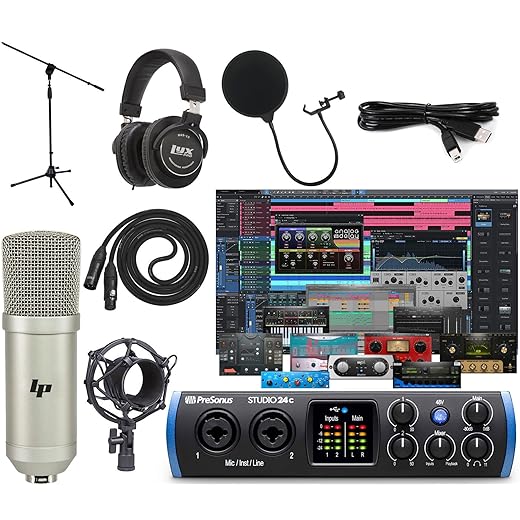 PreSonus Studio 24c USB-C Audio/MIDI Interface Recording Bundle w/LyxPro Cardioid Condenser Mic, Pop Filter, Shockmount, XLR Cable, Metal Stand, Studio Headphones & Studio One Artist Software