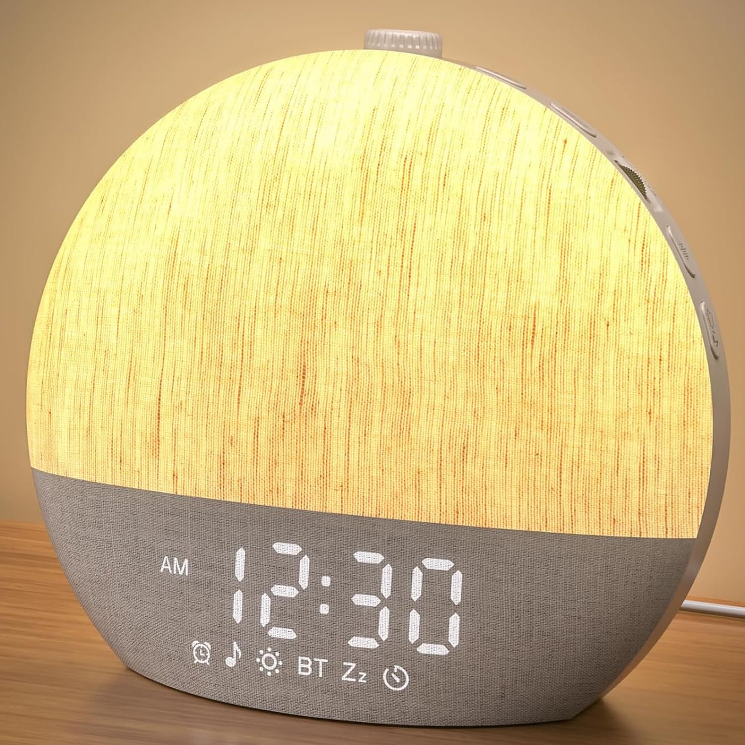 LIORQUE Tageslichtwecker, Lichtwecker Sonnenaufgang Wecker mit Wake Up Light, 17 Farblicht, 30 Beruhigender Klängen, Doppelalarm & Bluetoothfunktion - Allover Stoffdesign Geschenk Erwachsene Kinder
