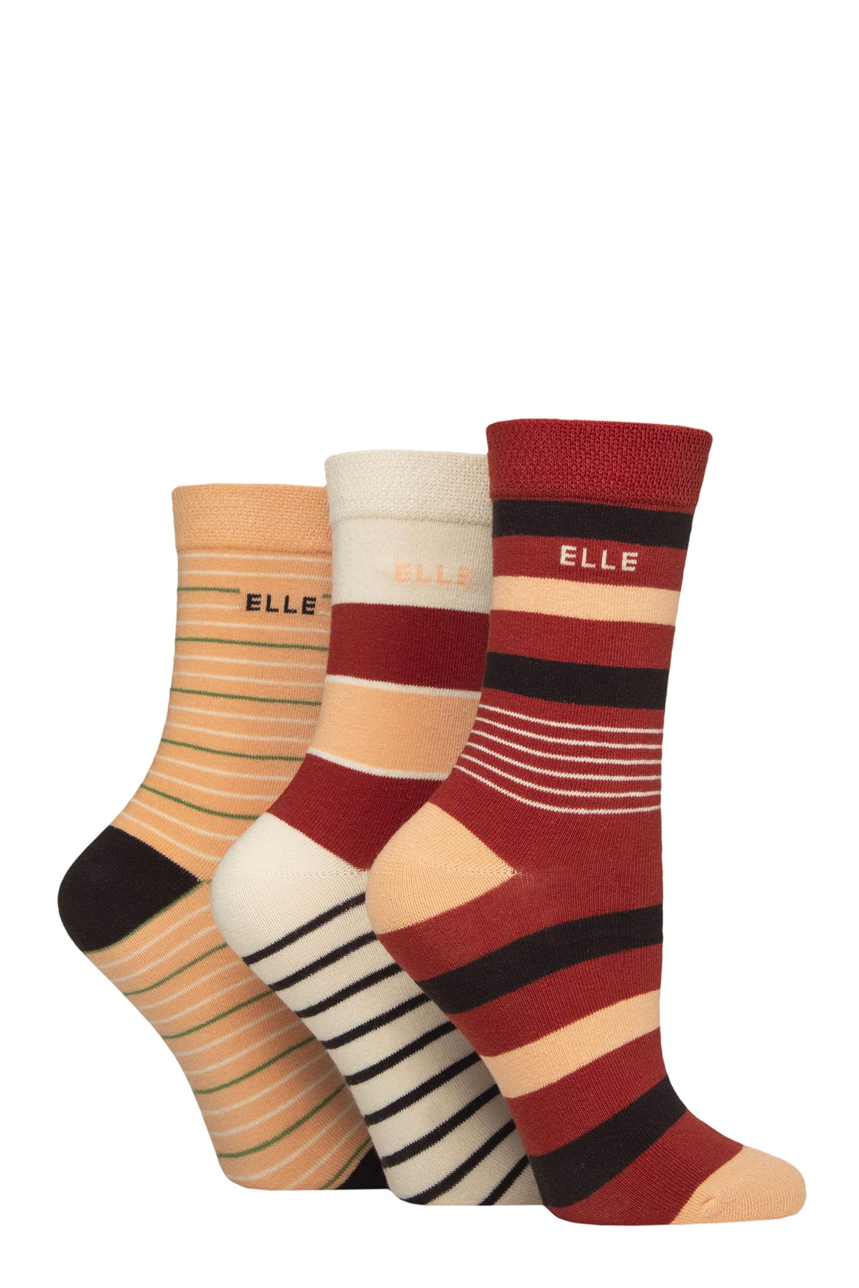 ELLE Women's Soft Cotton Socks - Plain, Striped and Patterned with Hand Linked Toes Multipack of 3 Pairs Size 4-8 (UK, Numeric, 4, 8, Regular, Regular, Striped Wild Poppy)