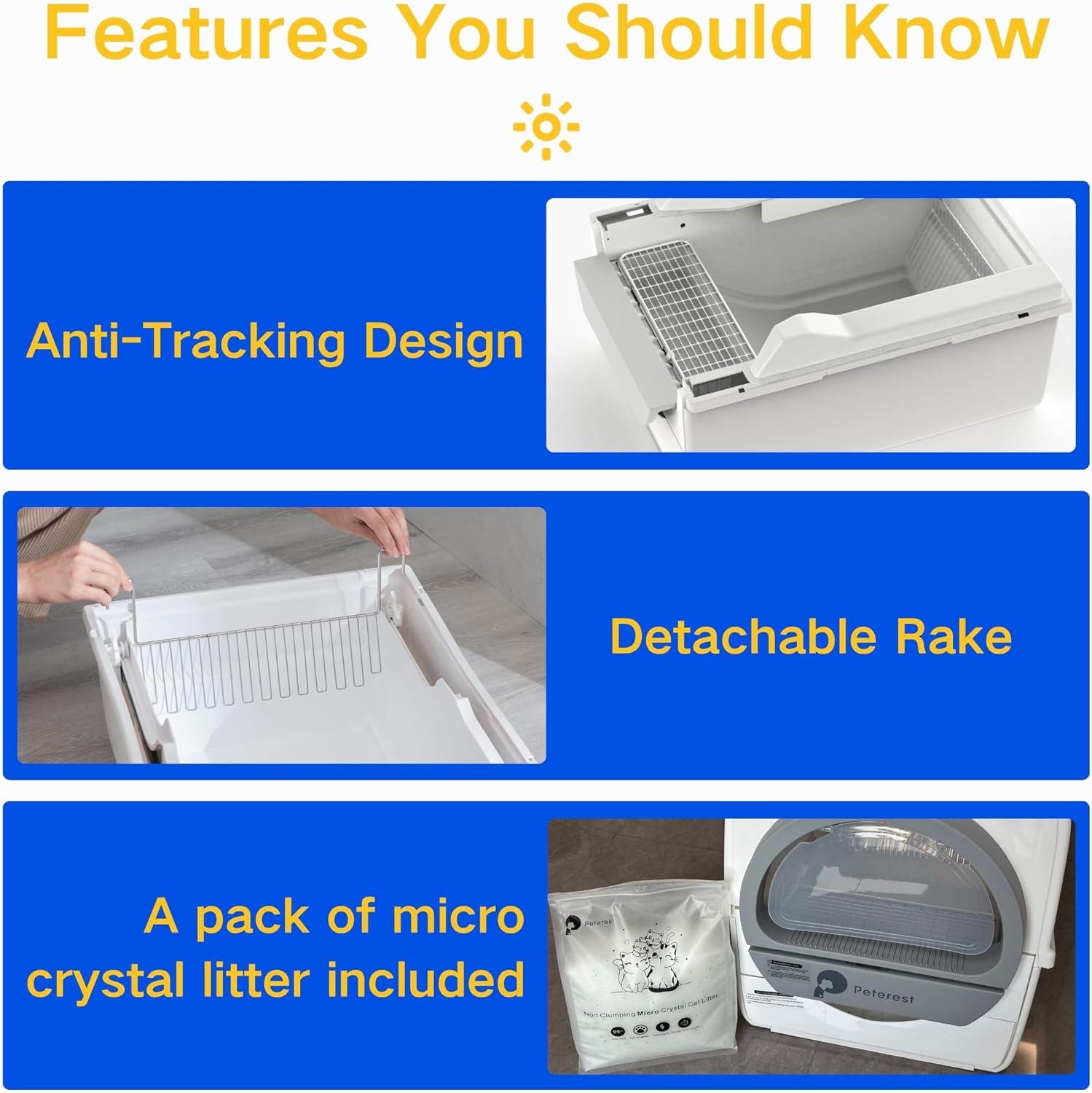 Mechanical Self-Cleaning Cat Litter Box, White/Gray, Anti-Tracking Design with Pull-Push Operation, Detachable Rake, Odor Control, Compatible with Small-Grain Litter,Extra Large