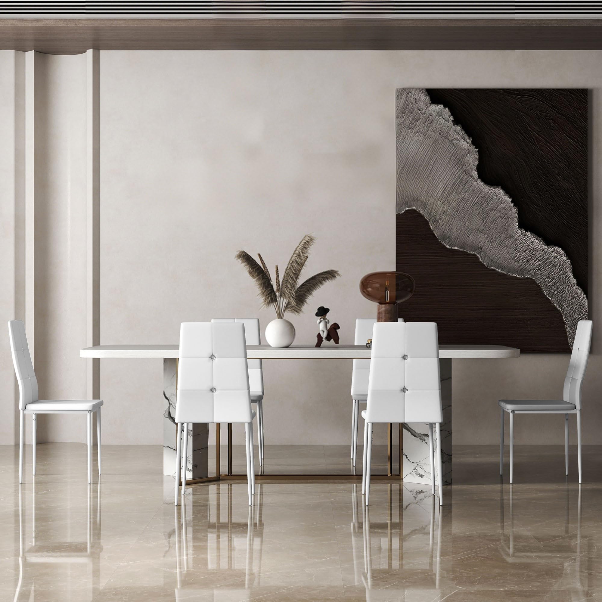 HOMCOM Juego de 6 Sillas de Comedor con Respaldo Alto para Salón Blanco | Tapizada en PU, Sillas de Cocina Modernas, Botones, Patas de Acero, Dormitorio